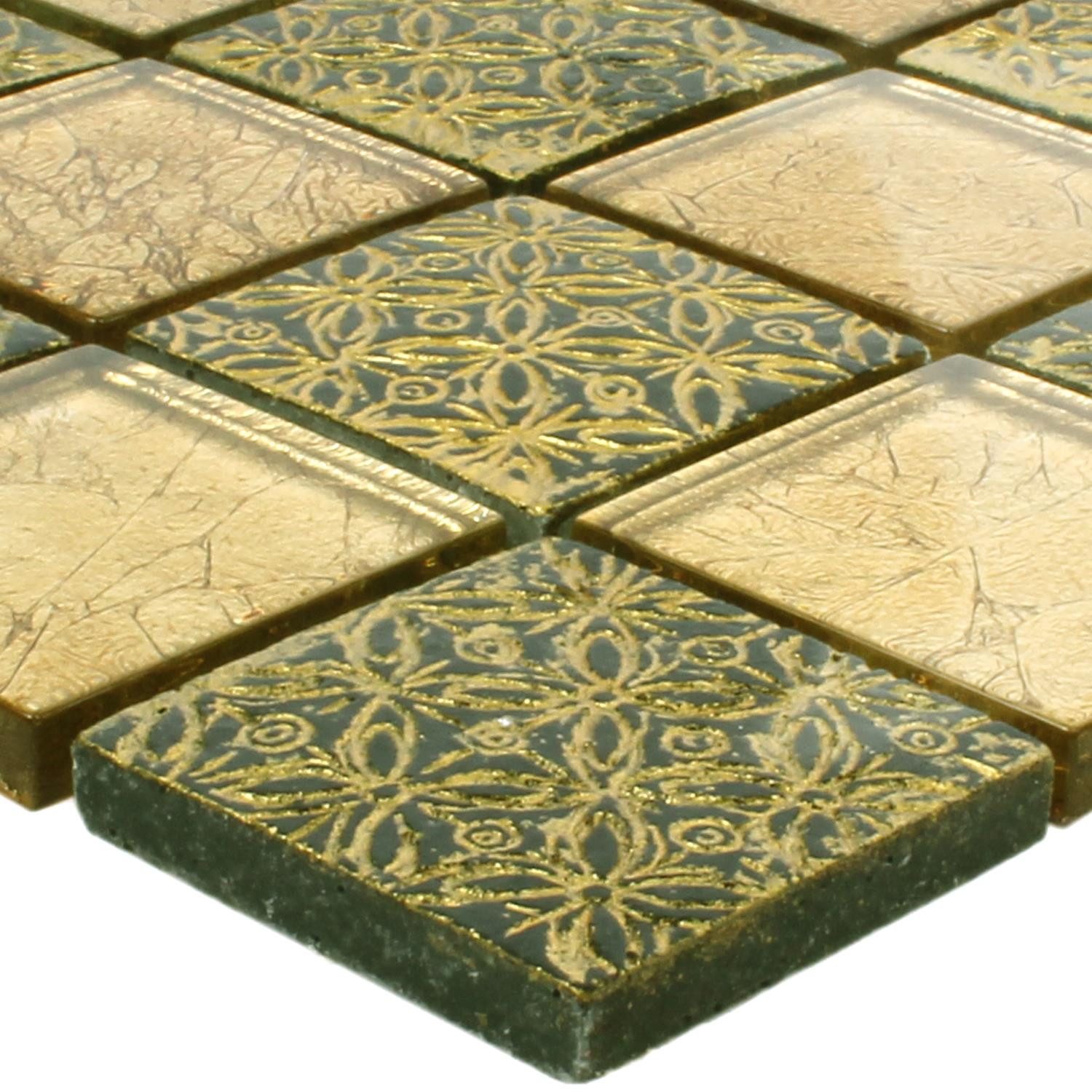 Mosafil Mosaikfliesen Mosaikfliesen Friesia Glas Naturstein Resin Mix, Naturstein-Resin-Glas 30.000x30.000, schwarz-gold, Verlegefertig auf ein Netz geklebt