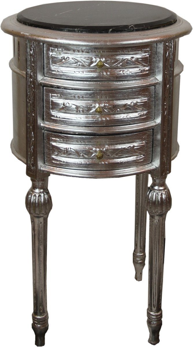 Casa Padrino Beistelltisch Barock Beistelltisch mit Marmorplatte Silber / Schwarz Ø 42 x H. 73 cm - Handgefertigte kleine runde Kommode mit 3 Schubladen | Ablagetische