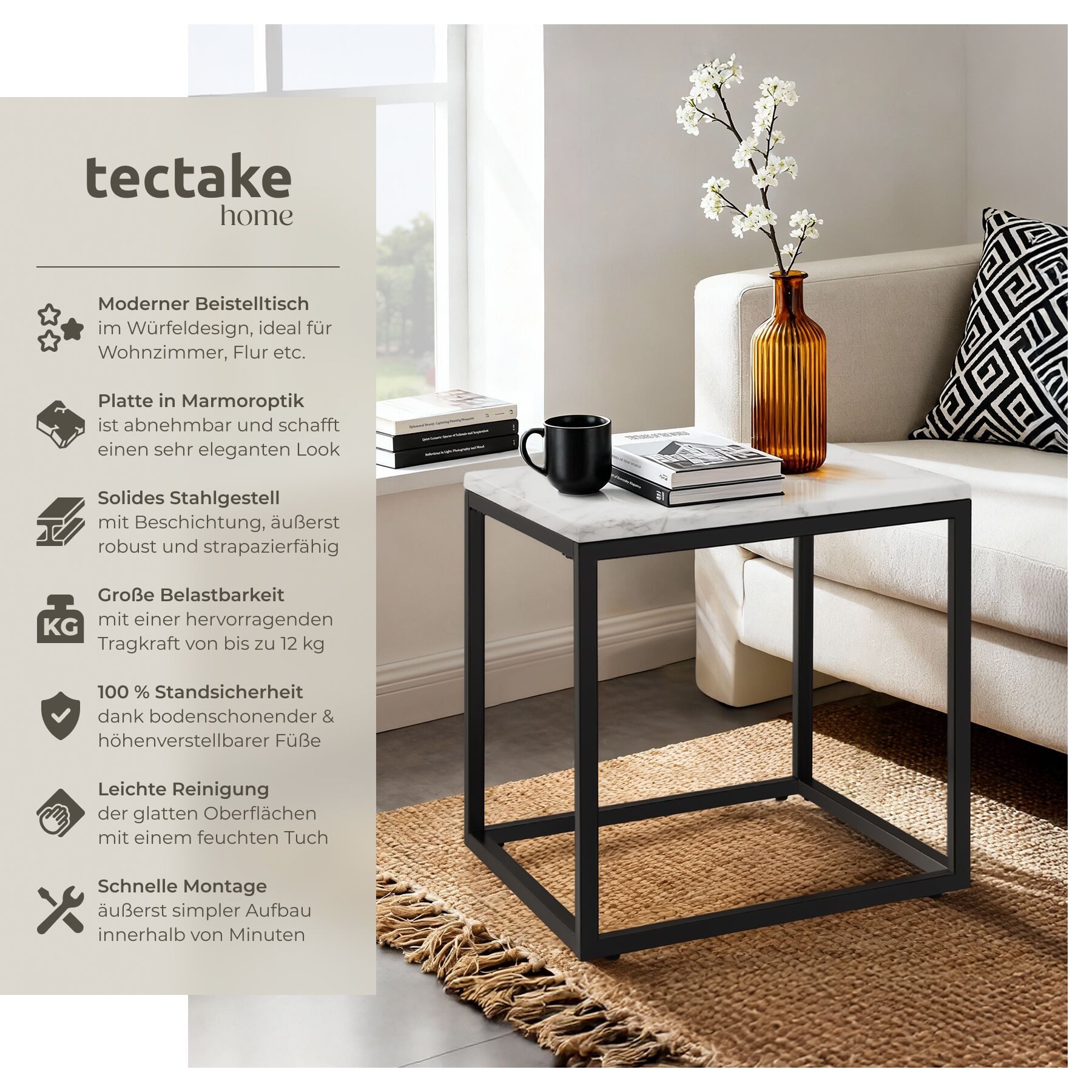 tectake Beistelltisch Couchtisch in Marmoroptik, 45 x 45 x 47,5 cm, Belastbarkeit 12 kg (Wohnzimmertisch Alysia, 1-St., 1 tlg), Moderner, quadratischer Beistelltisch in minimalistischem Stil