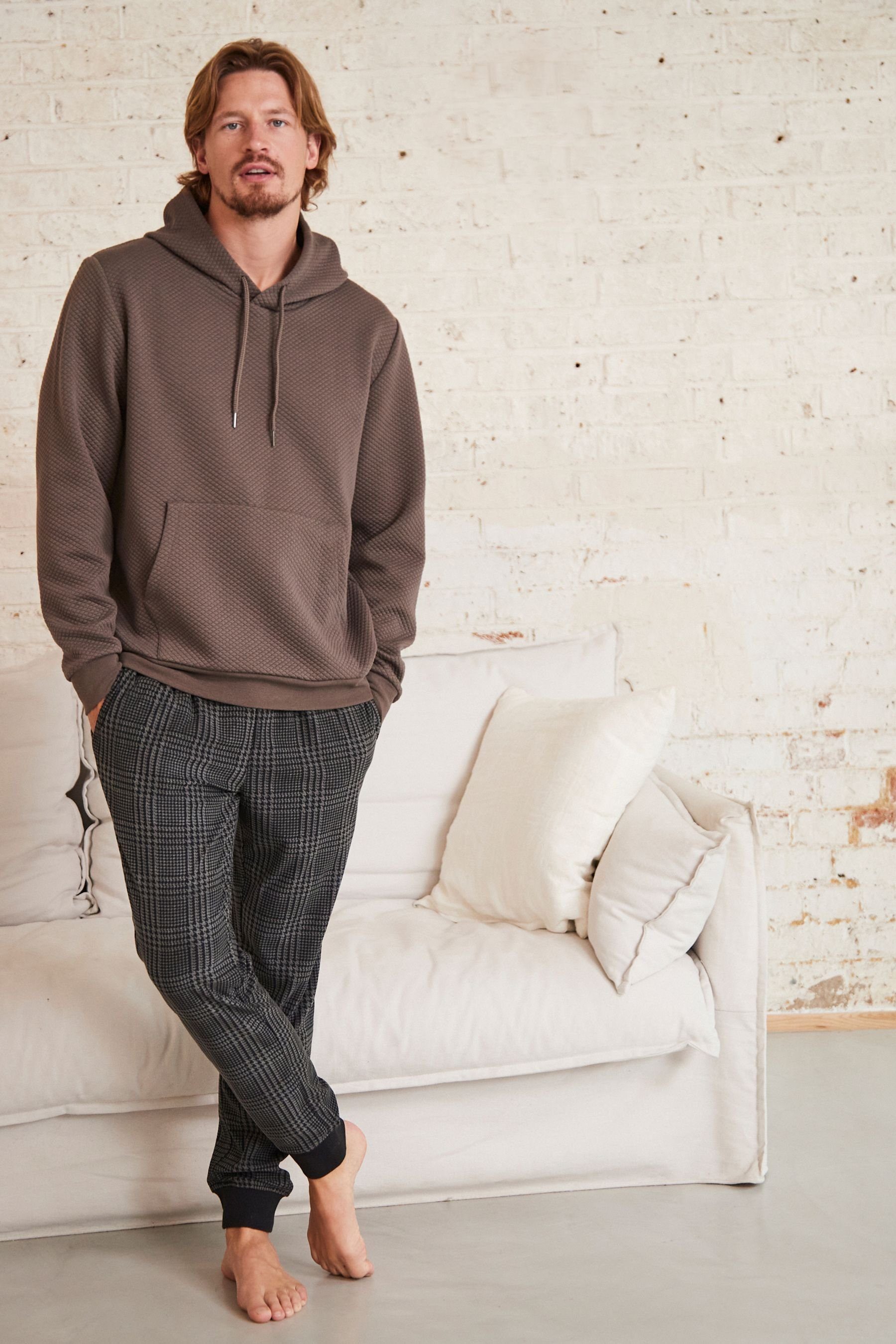 Hooded Next (2 Kuscheliger Schlafanzug Check Textured tlg) mit MotionFlex Bündchen Neutral/Grey Pyjama