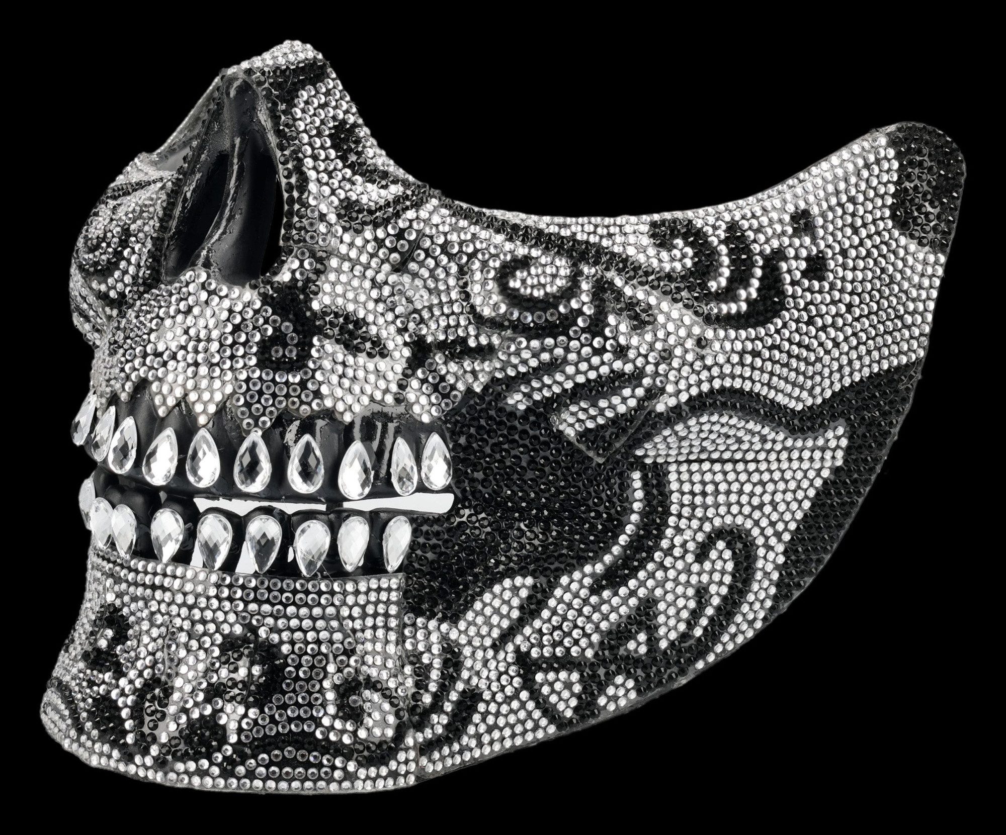Figuren Shop GmbH Verkleidungsmaske Halloween Maske – Totenkopf Halbmaske Schmucksteine Silber 13 cm, mit Schmucksteinen verziert