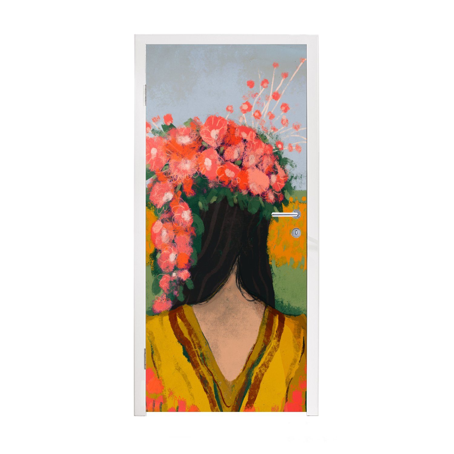 MuchoWow Türtapete Porträt - Blumen - (1 Frau Fototapete Rot, bedruckt, 75x205 cm für Tür, Matt, St), Türaufkleber, 