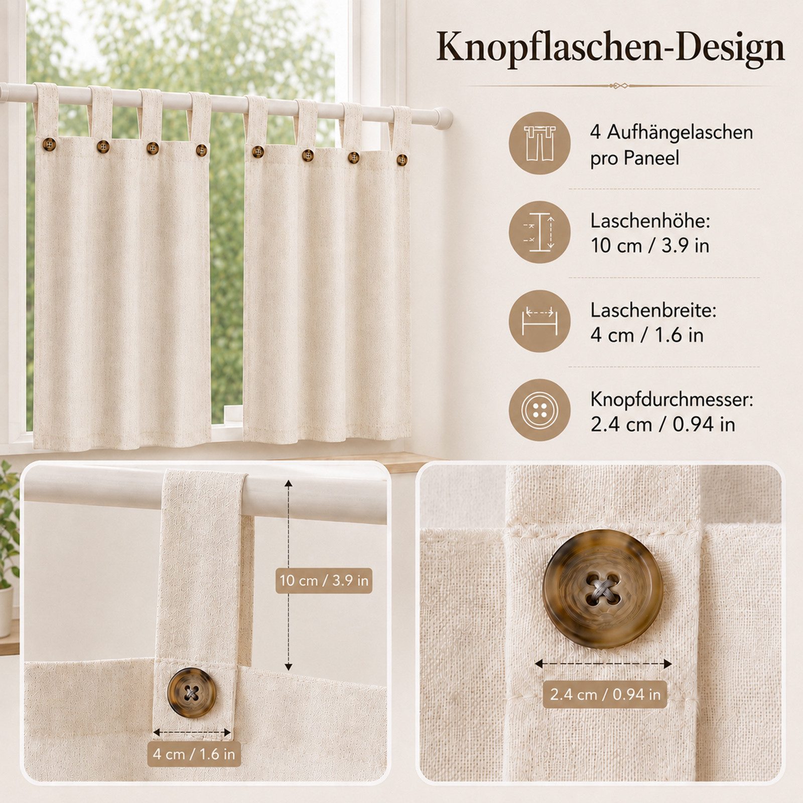 Rosnek Scheibengardine Vorhang Leinenoptik 2er Set, Kurzgardinen mit Knöpfen, Boho Natur, Cafehausgardinen für Küche, Wohnzimmer, Büro & Wohnmobil