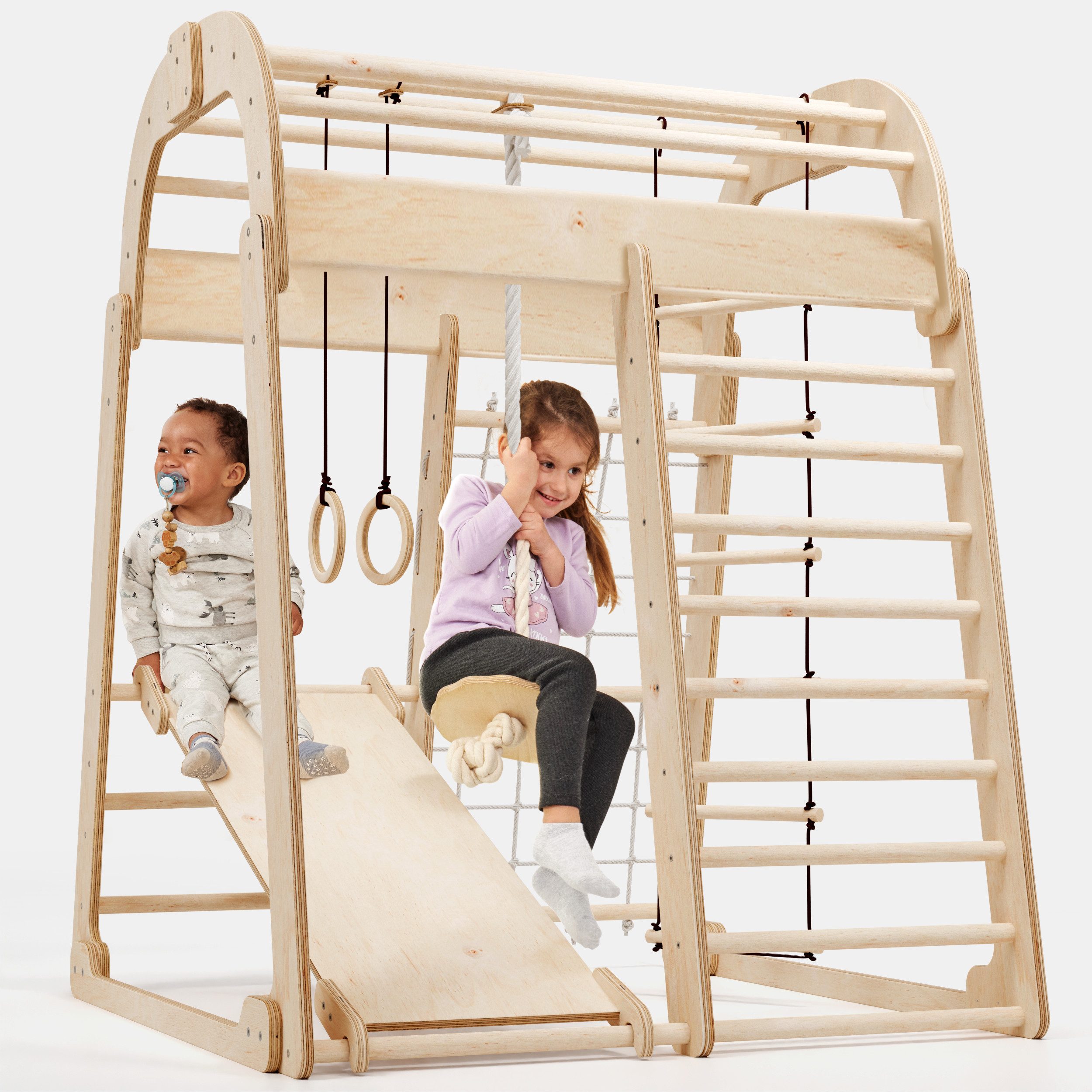 Goodevas Klettergerüst Multifunktionale Schwedenwand & Klettergerüst für Kinder, (Holz-Spielplatz mit Rutsche, Schaukel, Kletterwand, Kletterseil und Strickleiter, 6-St)