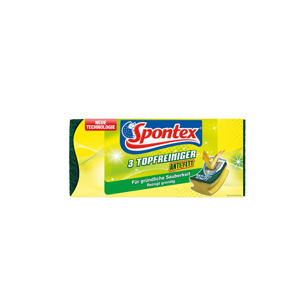 SPONTEX Reinigungsschwamm Topfreiniger Anti-Fett - 3er, Perfekt gegen hartnäckigen Schmutz in Töpfen, Pfannen und auf Geschirr
