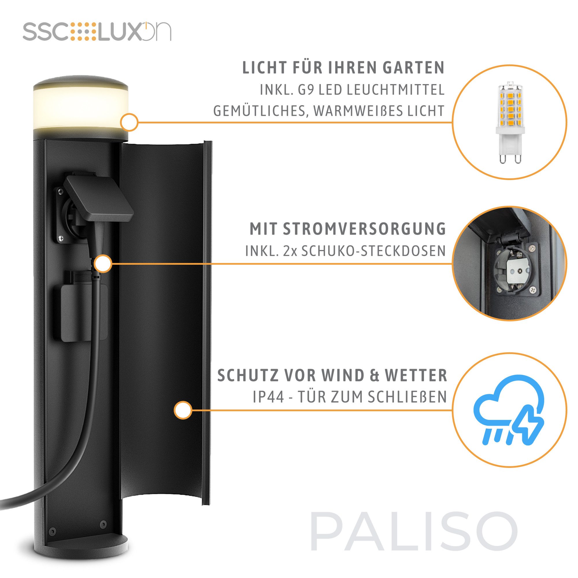 SSC-LUXon LED Gartenstrahler PALISO Lichtsäule mit 2 Steckdosen und G9 LED 3W warmweiß, Warmweiß