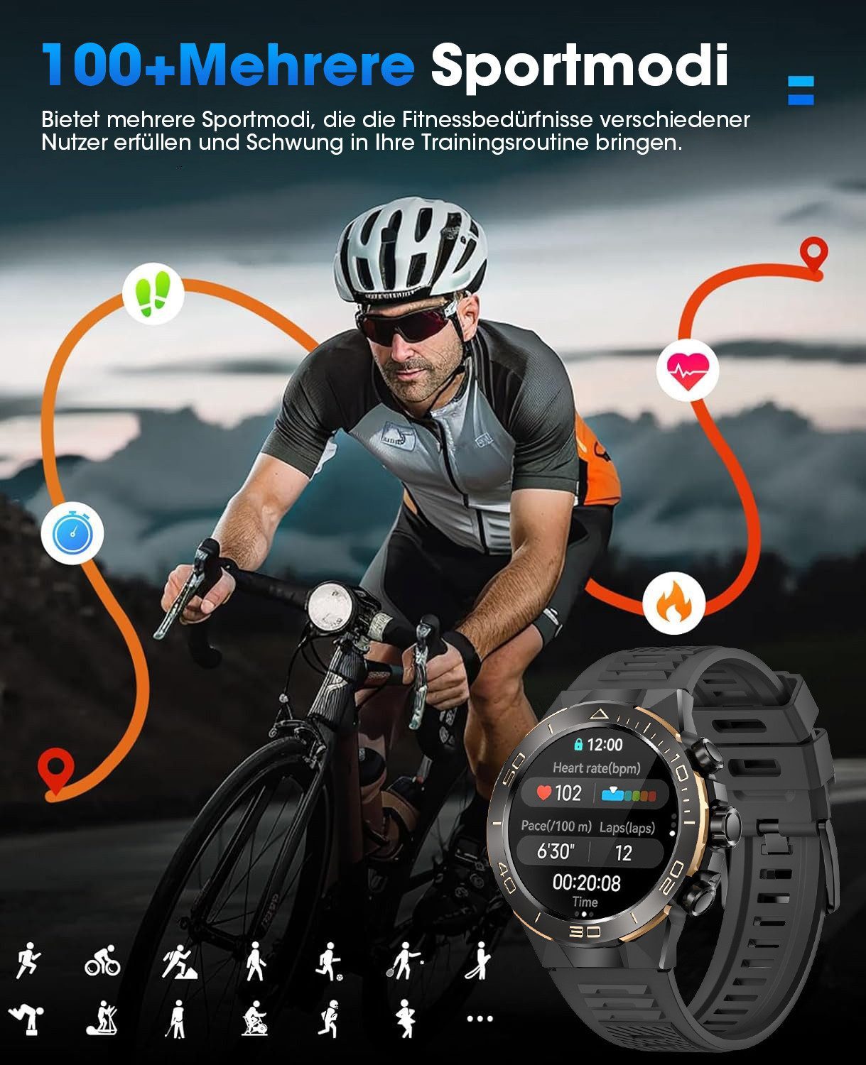 SWGOTA Smartwatch Herren Militär 1000mAh mit Herzfrequenz,Blutdruck,SpO2 Smartwatch (3.63 cm cm/1,43 Zoll), Schlafmonitor,100+ Sportmodi,2 Armbänder,Fitnesstrac – Bild 2 von 5