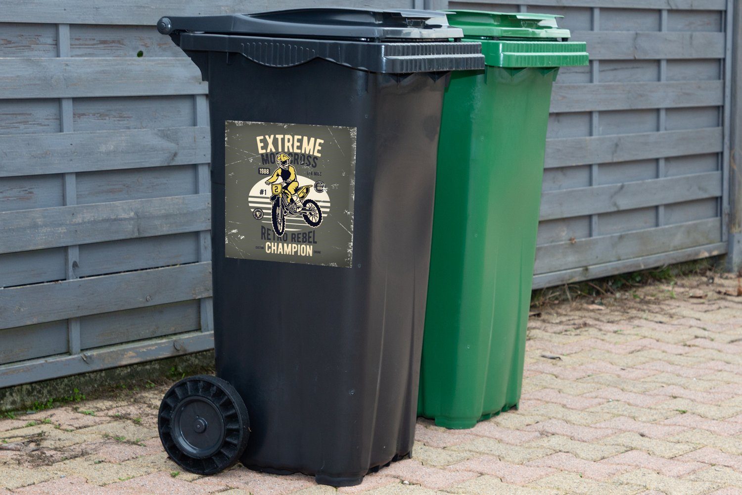 Mülleimer-aufkleber, Container, Mann - (1 Retro Mülltonne, - MuchoWow Motorrad Gelb Sticker, Wandsticker - Abfalbehälter St),
