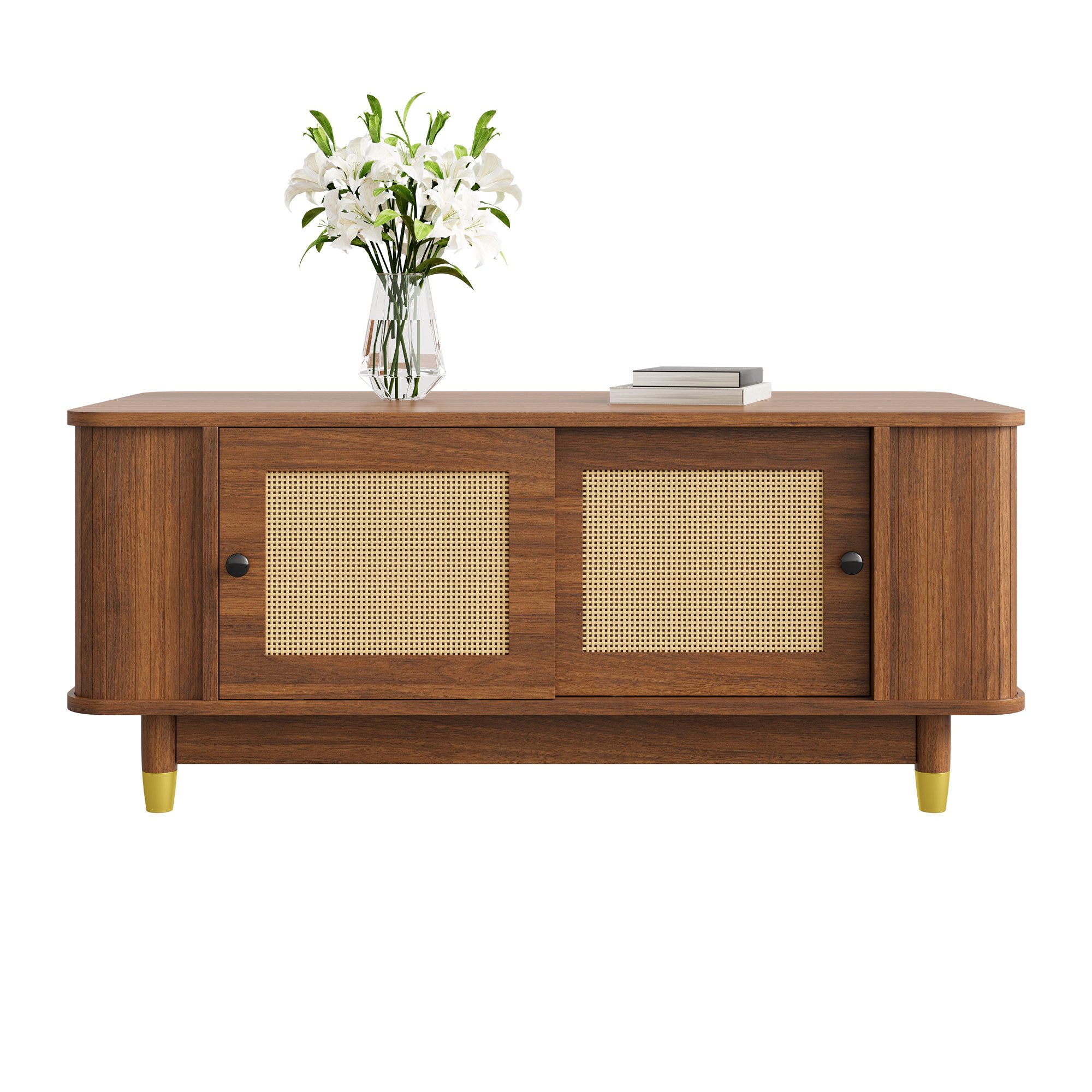 Refined Living Couchtisch Couchtisch Rattan-Schiebetüren, Nussbaum, abgerundete Ecken, Stauraum (100x50x42cm, MDF, Wabi-Sabi, Holzfüße mit goldenen Kappen, 1-St., platzsparend, pflegeleicht, stabil, matt, Wohnzimmer), Skandinavisch/Modern, sicher, geräuschlos
