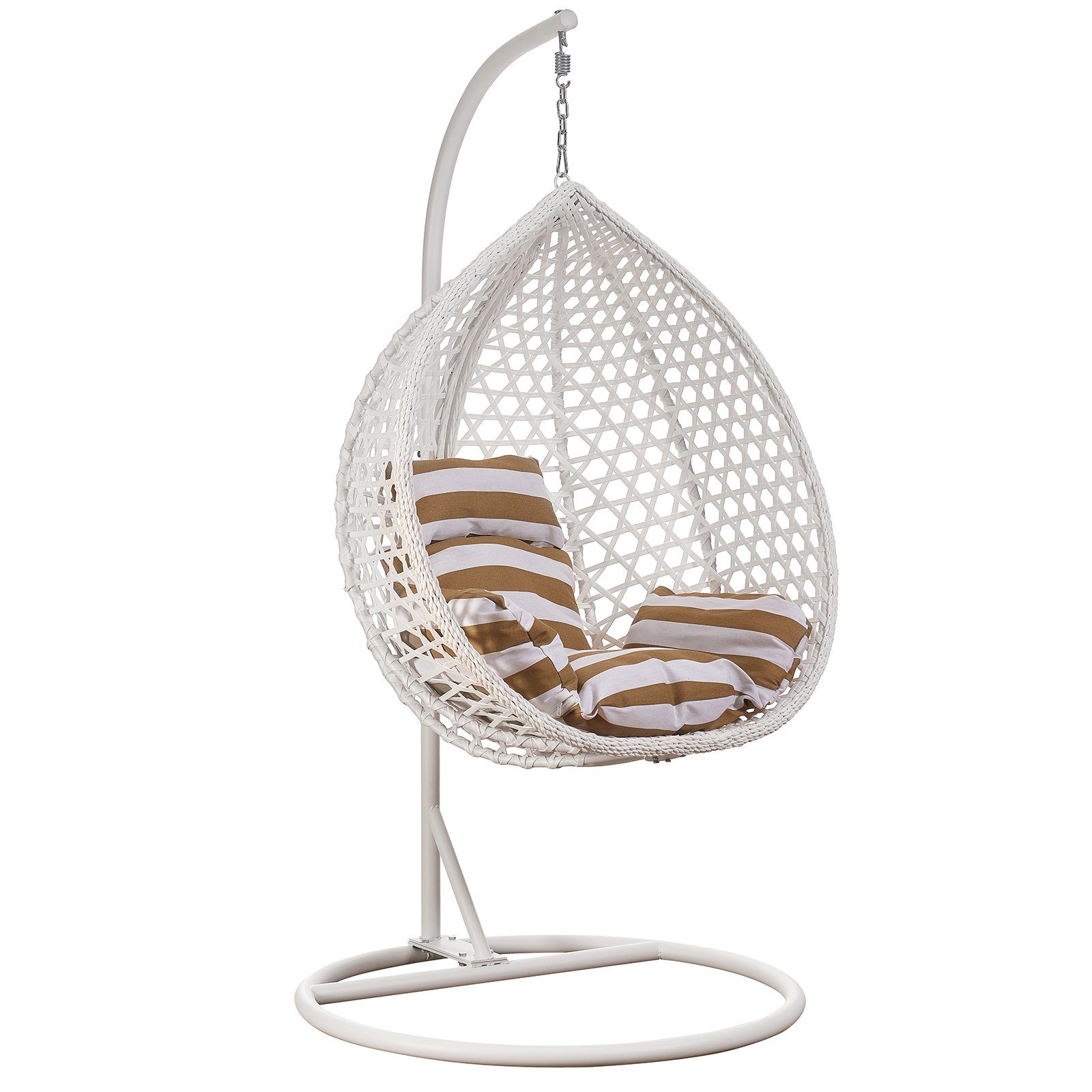 RAMROXX Hängesessel Luxus Style XXL Rattan Korb und Gestell Weiss mit Kissen Braun