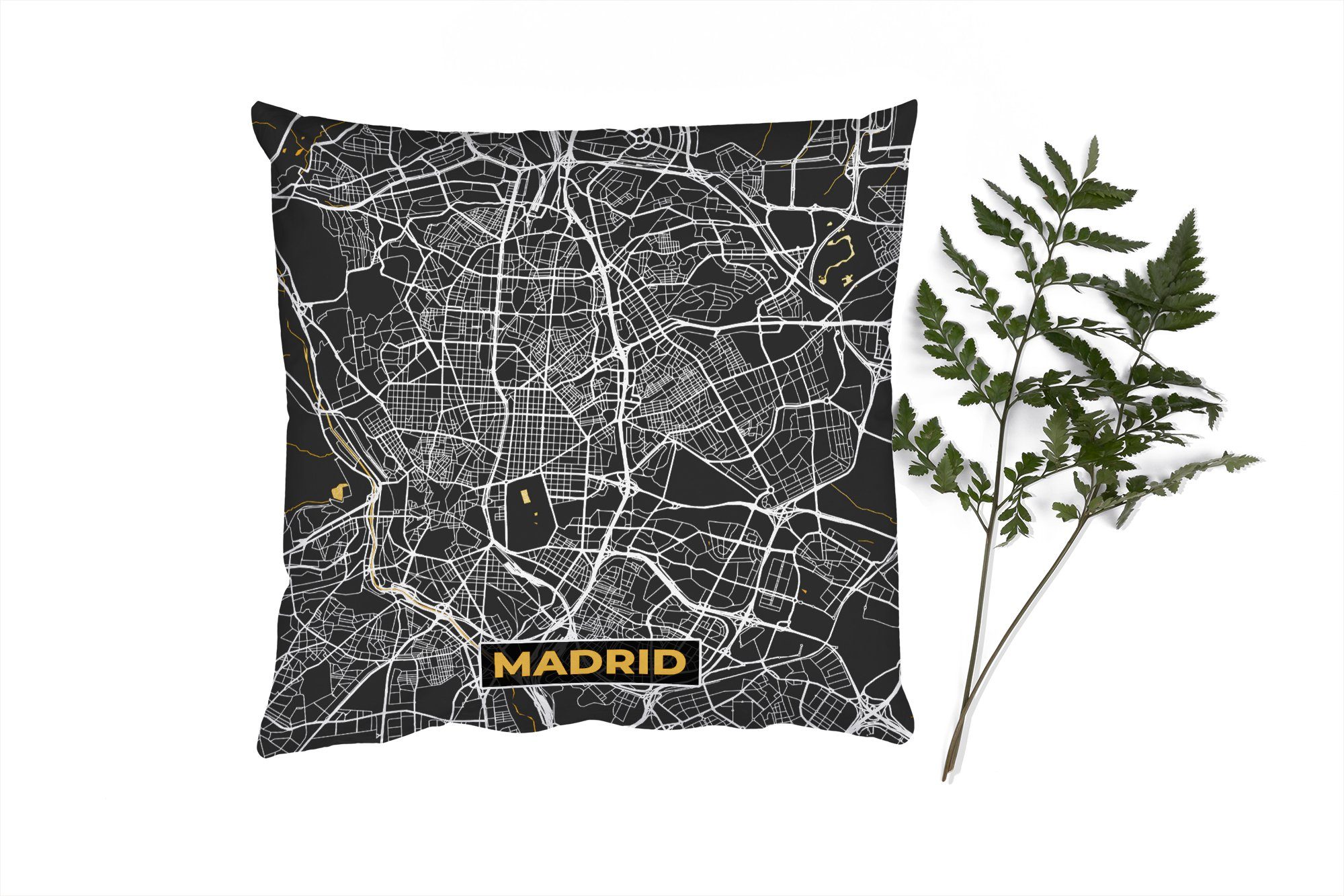 Zierkissen mit Karte, - Dekokissen Deko, - Madrid Sofakissen Stadtplan Gold - für Wohzimmer, Füllung Schlafzimmer, MuchoWow