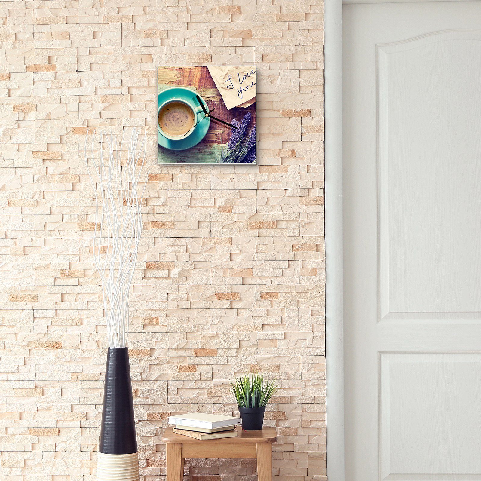 Primedeco Wanduhr Glasuhr Wanduhr Motiv und x cm Kaffeetasse Wandkunst Größe Lavendel mit 30 30