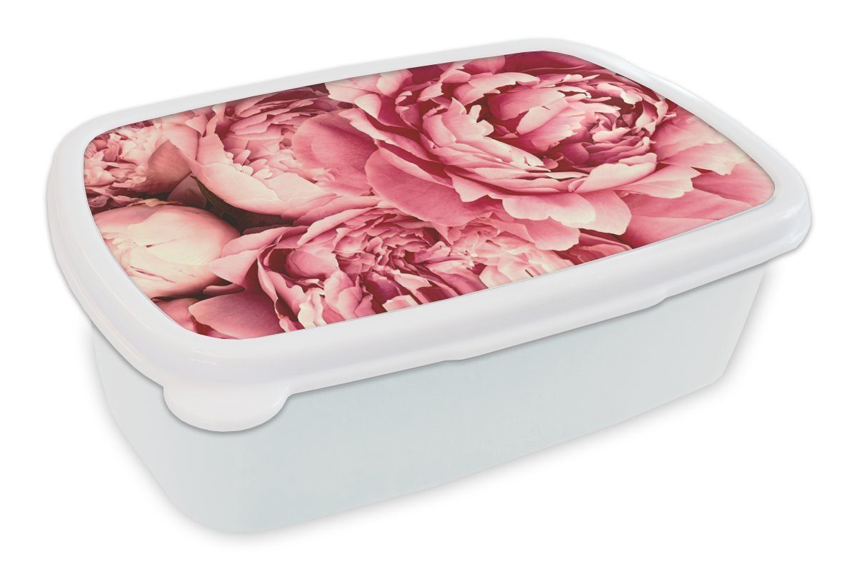 MuchoWow Lunchbox Rosen - Blume - Rosa, Kunststoff, (2-tlg), Brotbox für Kinder und Erwachsene, Brotdose, für Jungs und Mädchen weiß