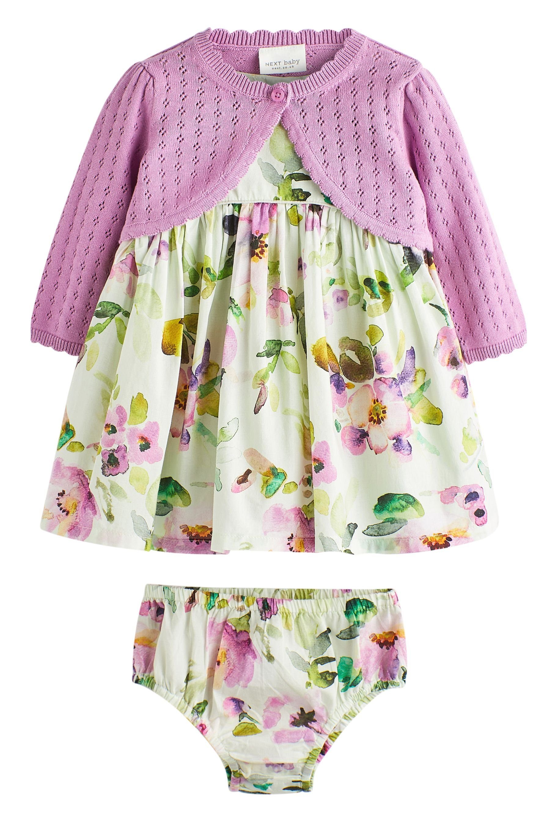 Next Partykleid Gewebtes Kleid und Strickjacke für Babys (3-tlg) Lilac Purple Floral