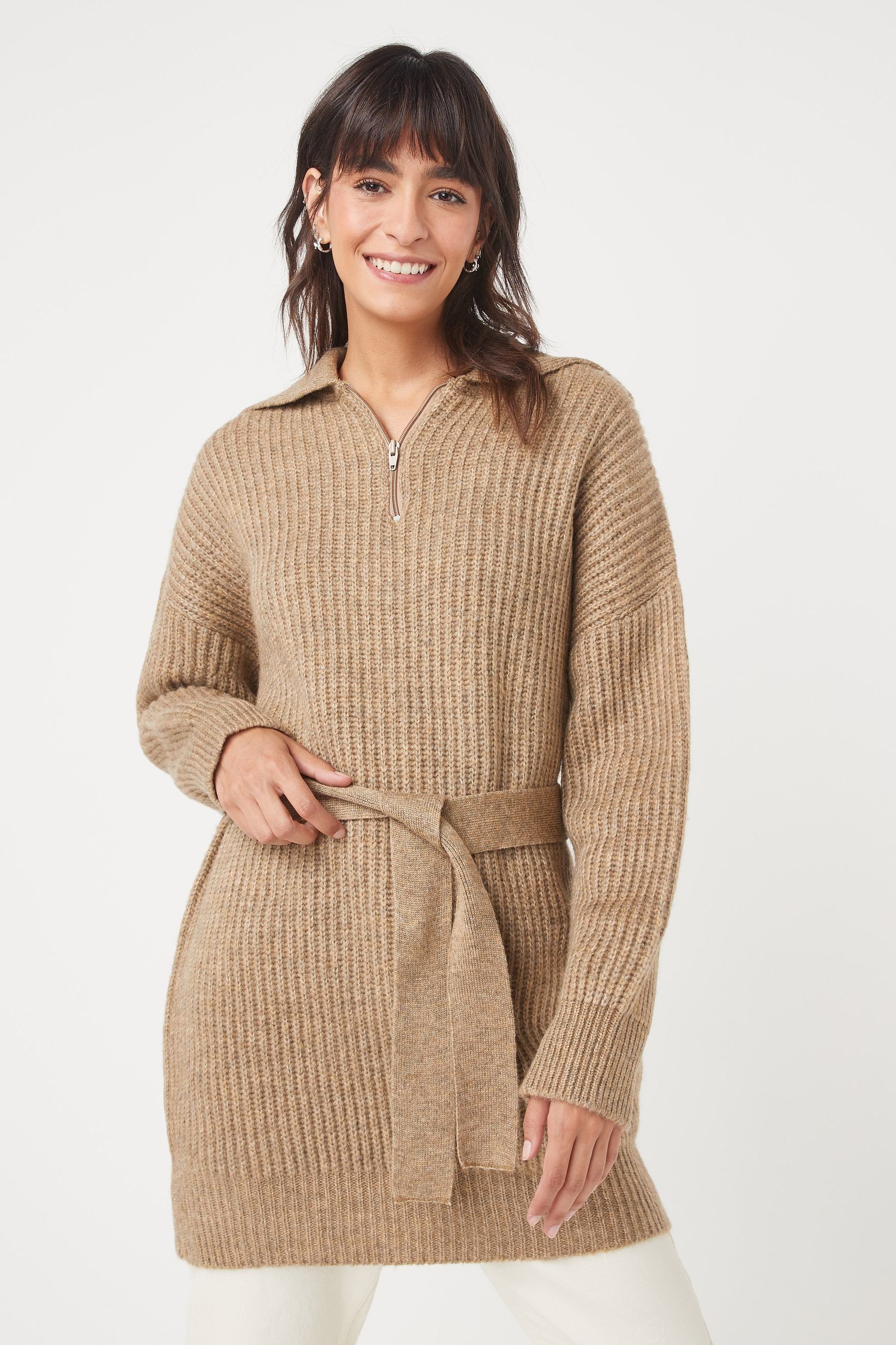 Next Longpullover Pulloverkleid mit Reißverschluss und Gürtel (1-tlg) günstig online kaufen