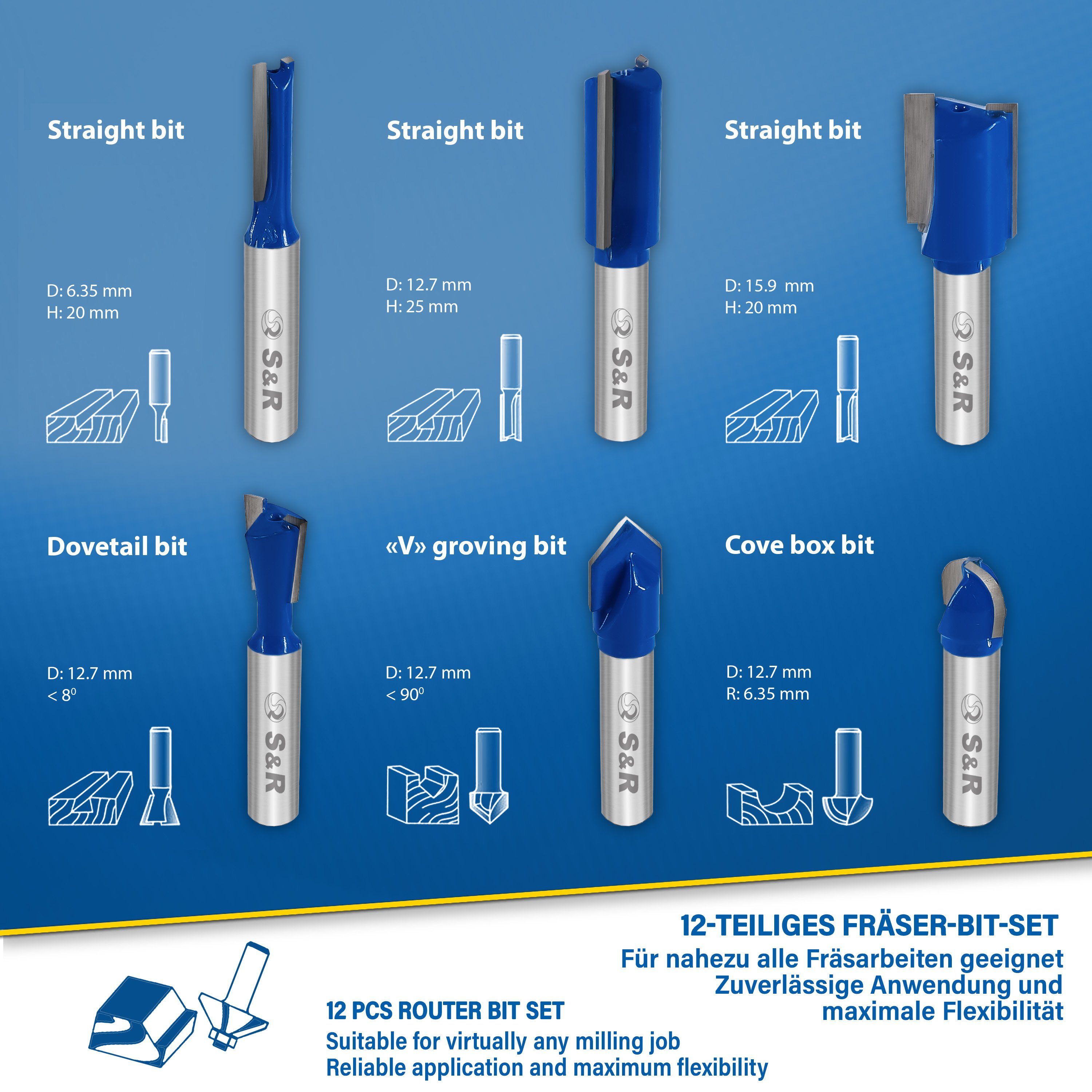 S&R Fräsbohrer für professionelle Holzbearbeitung, Schaft 8mm, geschmiedeter Stahl, (Set, 12-tlg)