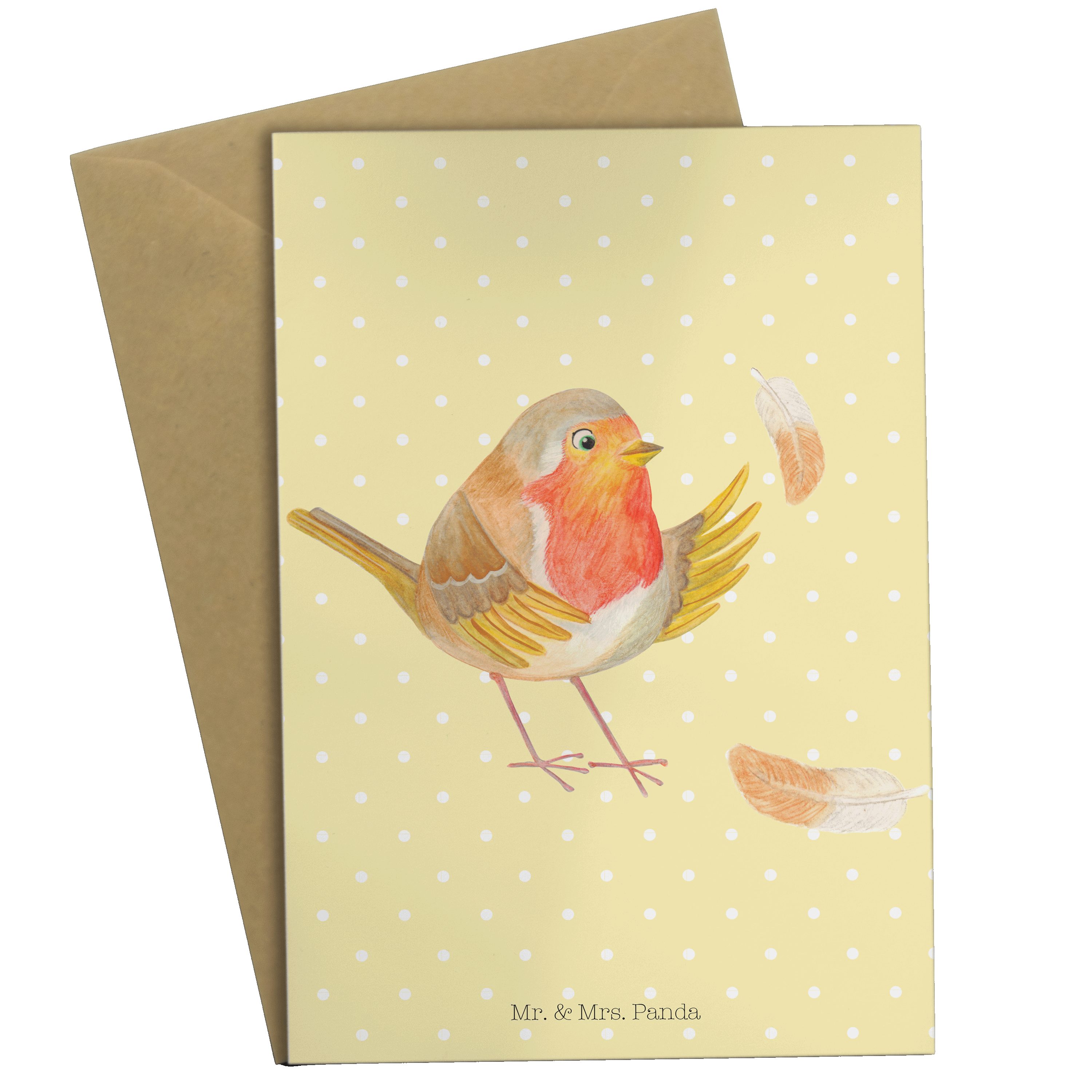 Mr. & Mrs. Panda Grußkarte Rotkehlchen mit Federn - Gelb Pastell - Geschenk, Tiermotive, Einladu | Grußkarten
