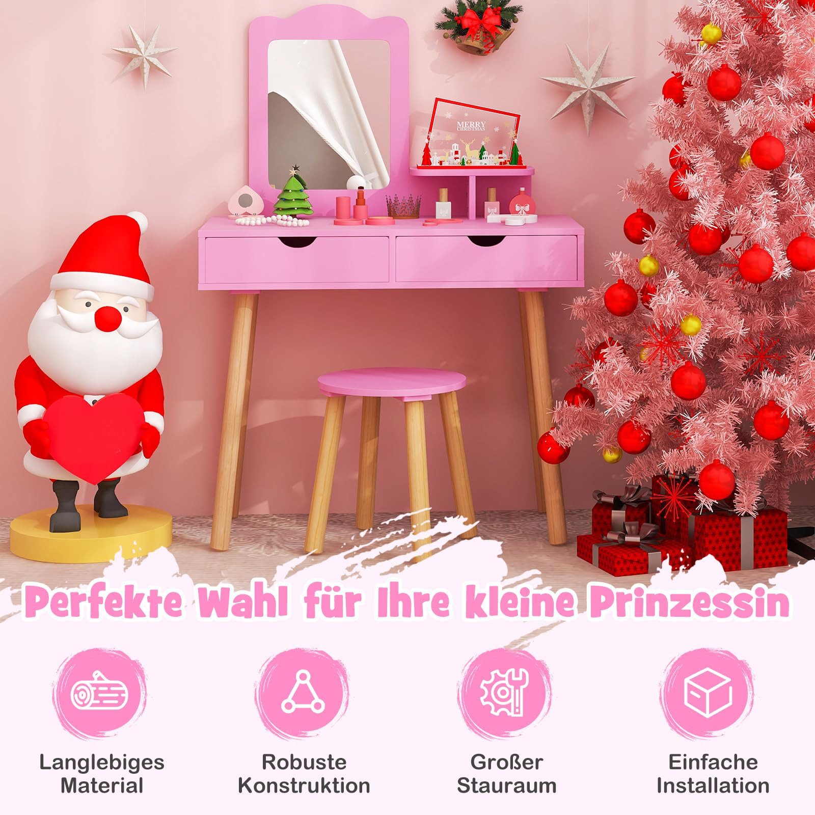 COSTWAY Schminktisch 2 in 1 Kinder Schreibtisch mit Hocker, aus Holz
