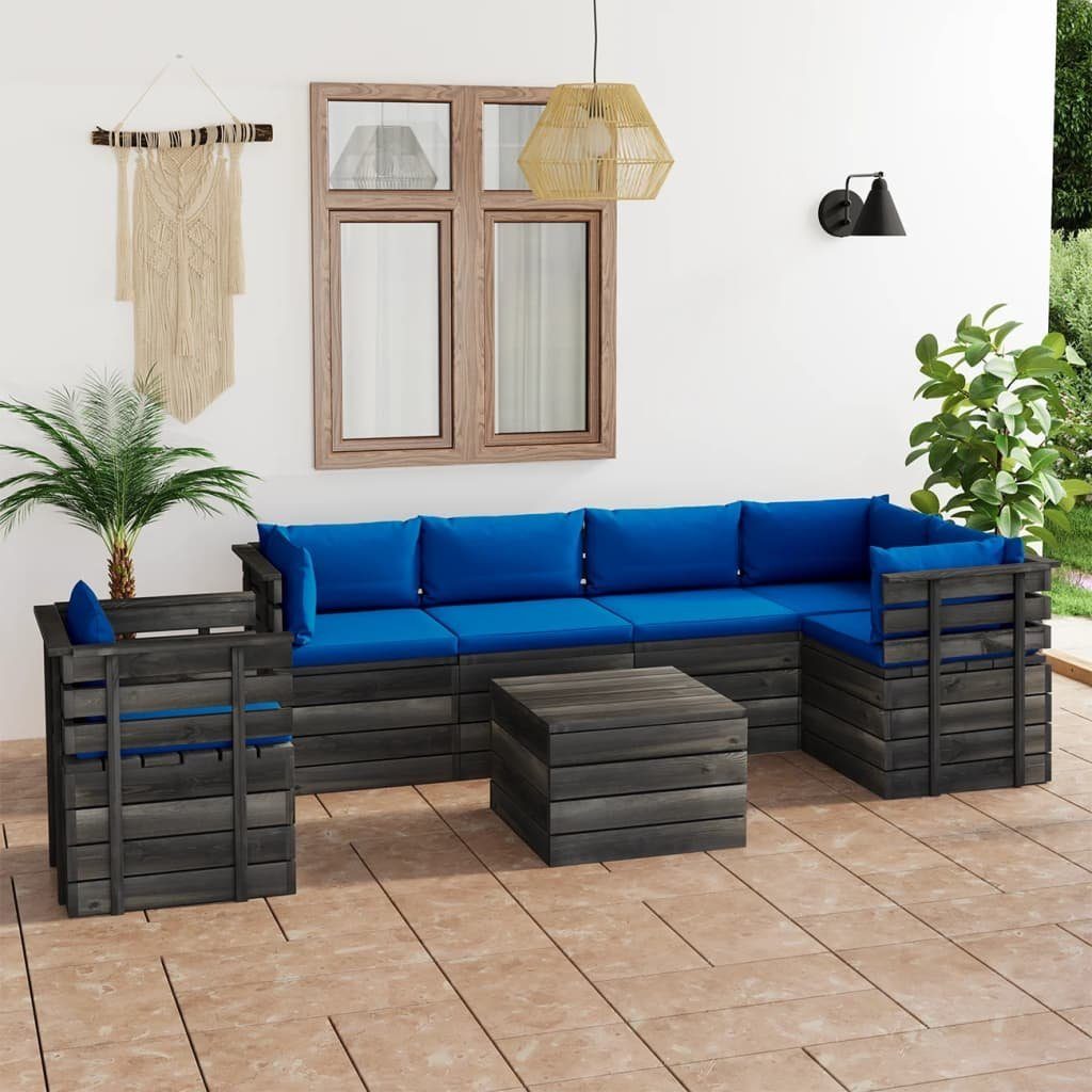 vidaXL Kiefernholz, Garten-Sofagarnitur 7-tlg. (7-tlg) Blau Paletten mit aus Gartenlounge-Set Kissen