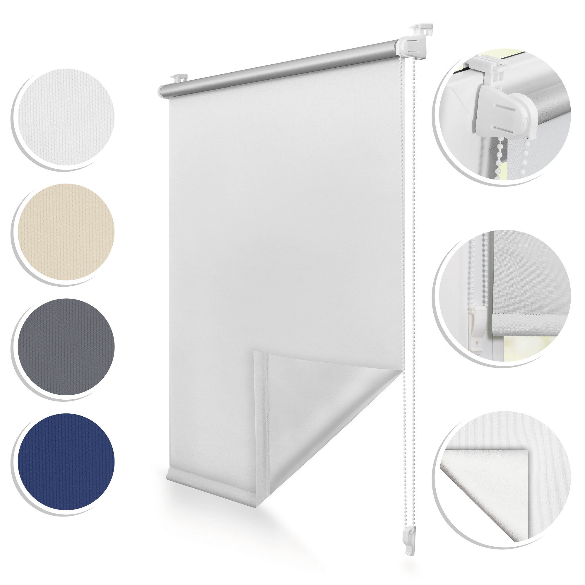 Rollo Thermo-Rollo, Roomy, verdunkelnd, Klemmbar, Anschraubbar, freihängend, Klemmbar, Anschraubbar, Klemmfix ohne Bohren Verdunkelungsrollo Hitzeschutzrollo Sichtschutz, verdunkelnd, abdunkelnd, verstellbare Klemmträger, freihängend, Thermo-Funktion, Bedienseite frei wählbar (vormontierter Kettenzug kann links oder rechts montiert werden), Stoff 4 cm schmaler als Bestellbreite, Länge bis 150 cm abrollbar, Alternative Montageart für Wand und Decke