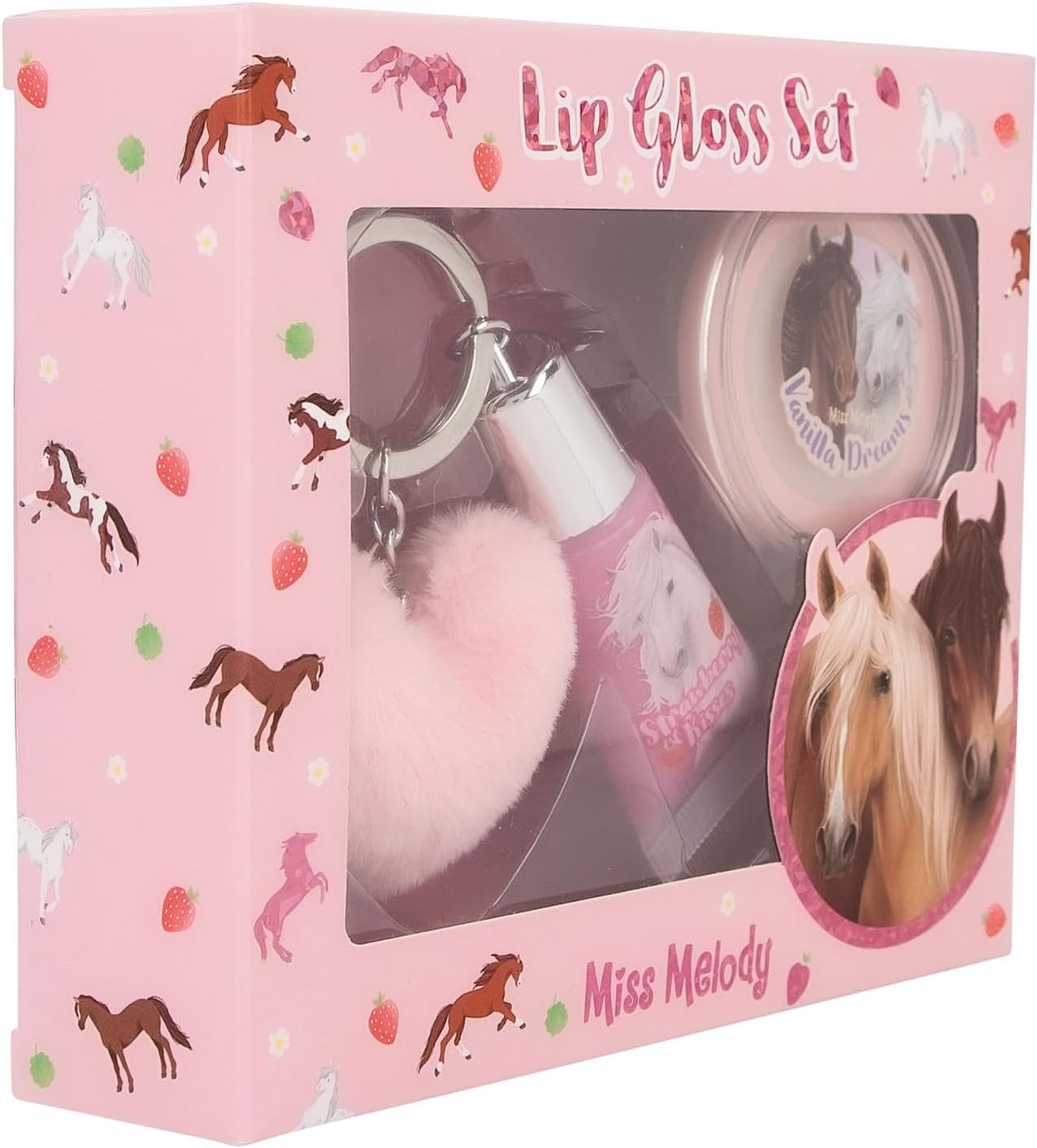 Depesche Schmuckset Miss Melody Lipgloss Set im Pferde Design für Kinder, 2 Glosse, Fruchtige Düfte, inkl. Plüsch Anhänger, Pink – Bild 3 von 5