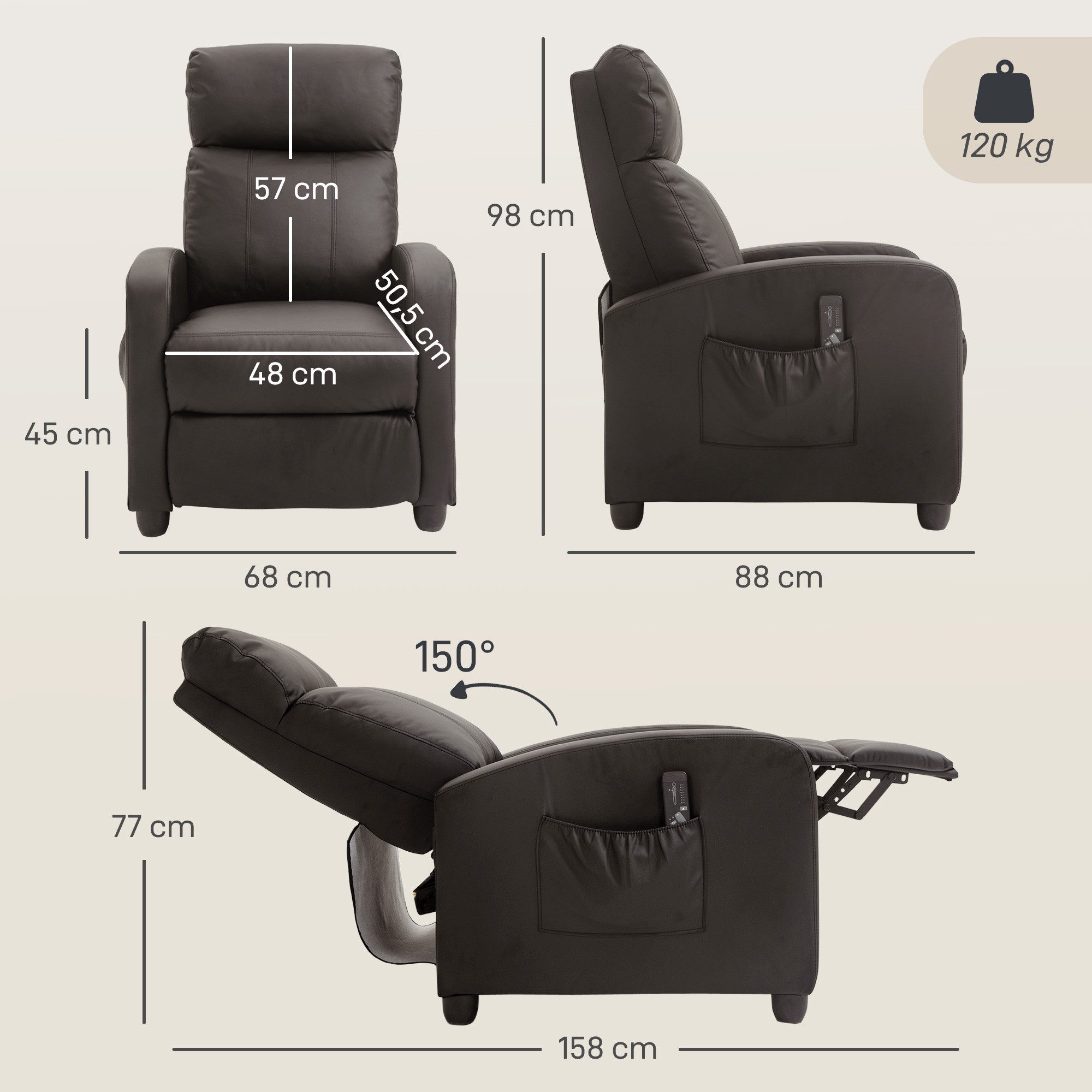 HOMCOM Massagesessel mit Liegefunktion, 2 Massagepunkte, Fernbedienung, Seitentasche (Relaxsessel, 1-St., Fernsehsessel mit Vibrationsmassage), aus Kunstleder, für Wohnzimmer, Braun