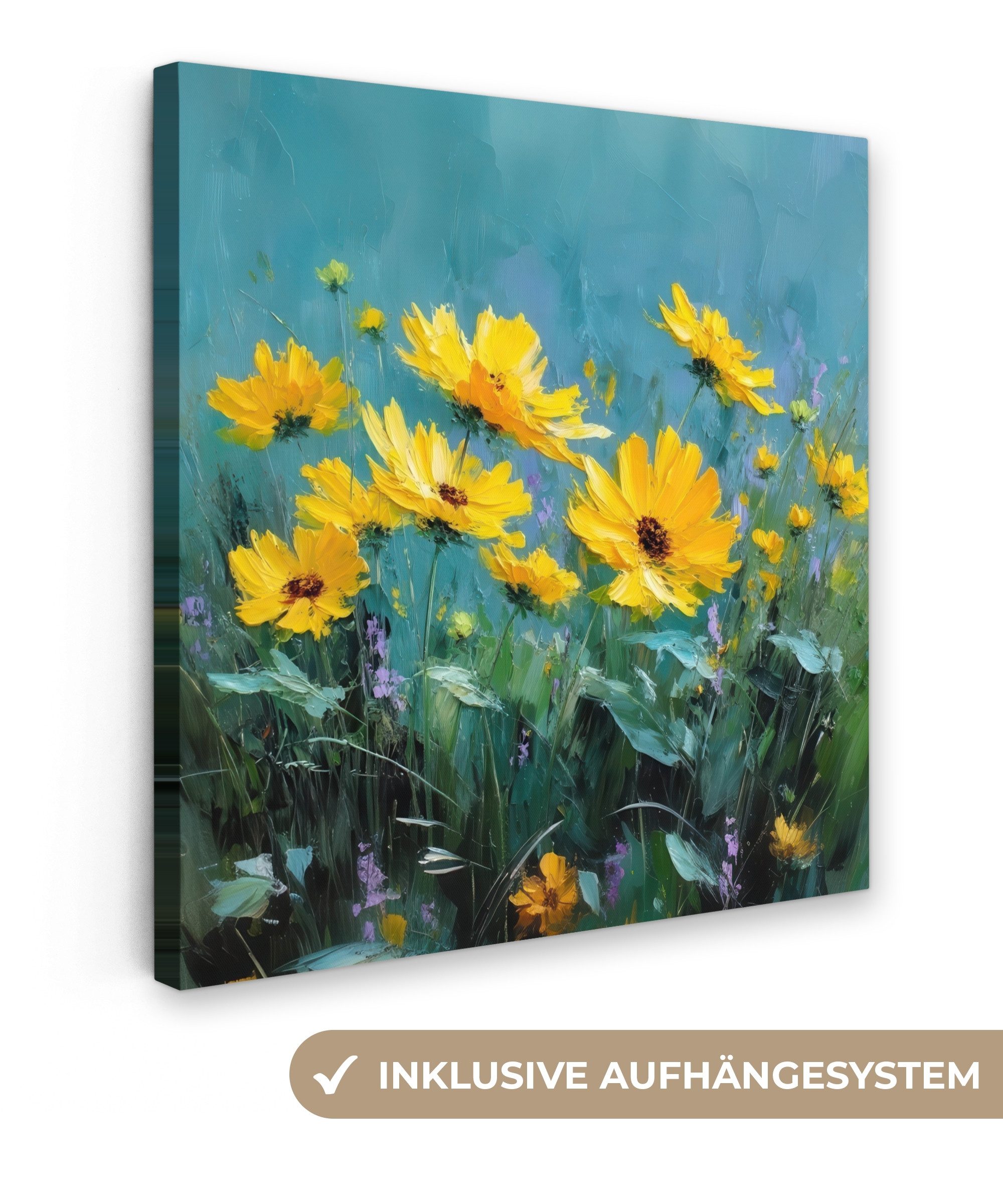 OneMillionCanvasses® Leinwandbild Pinselstriche - Blumen - Leuchtend gelb - Abstrakt, Fotodruck (1 St), Wandbild, Deko Schlafzimmer Wohnzimmer Flur 20x20 cm