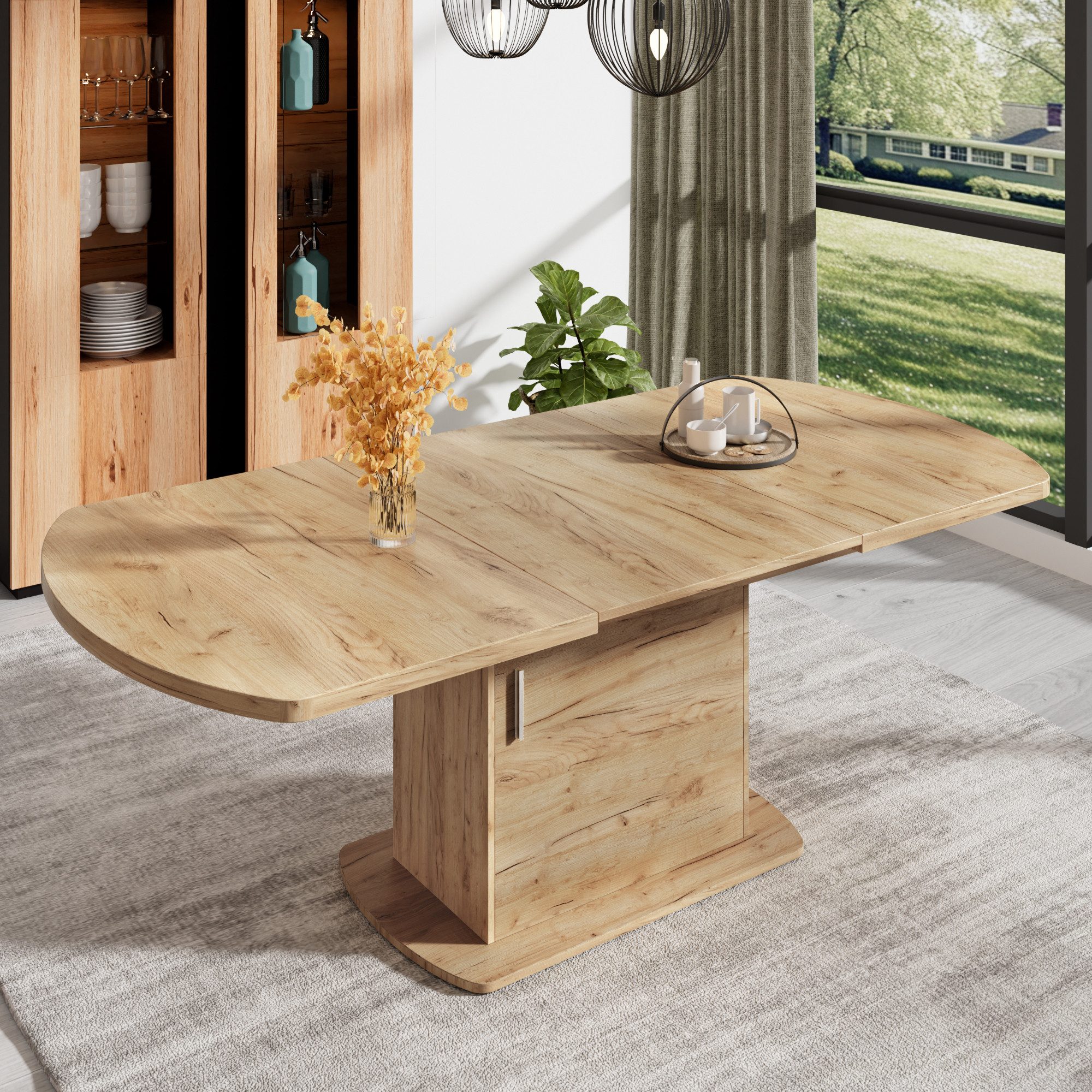 Flieks Esstisch ausziehbarer Küchentisch ovaler Tisch mit Stauraum (verstellbare Länge 140-200/T80/H75 cm, 1-St., 1 Tisch), erweiterbarer Esszimmertisch mit Fächern Schreibtisch Holzoptik Natur