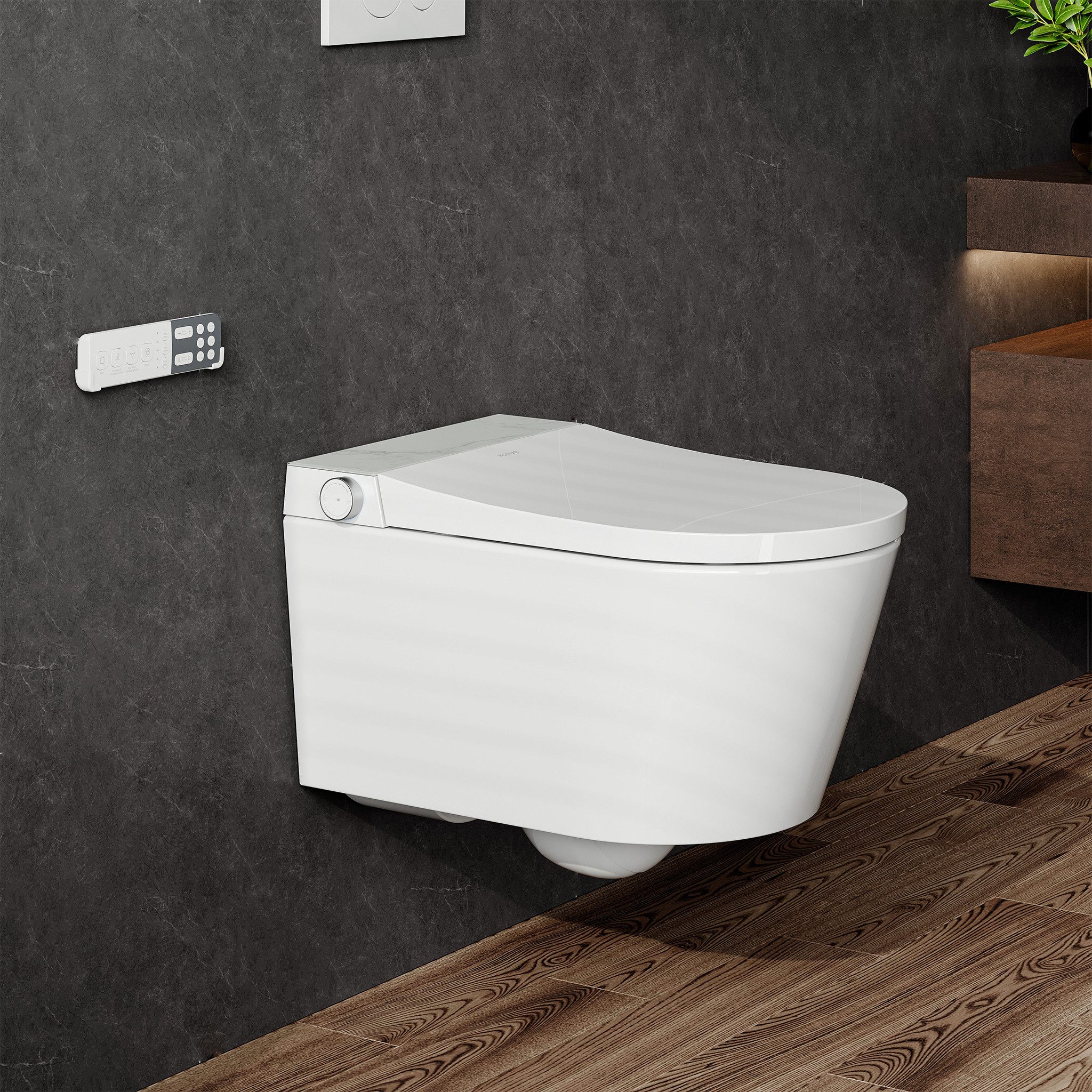 HOROW Dusch-WC Intelligente WC mit Bidet Funktion, Wand-WC, Japanische spülrandlos WC, Wand WC, Abgang waagerecht, mit Warmwasser, Beheizter Sitz, Instellbarem Wasserdruck, Warme Lufttrocknung, Damenpflege
