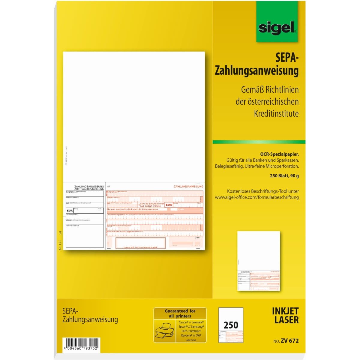Sigel Formularblock PC-SEPA-Zahlungsanweisung AT A4 90g 250 Blatt für österreichische Kred