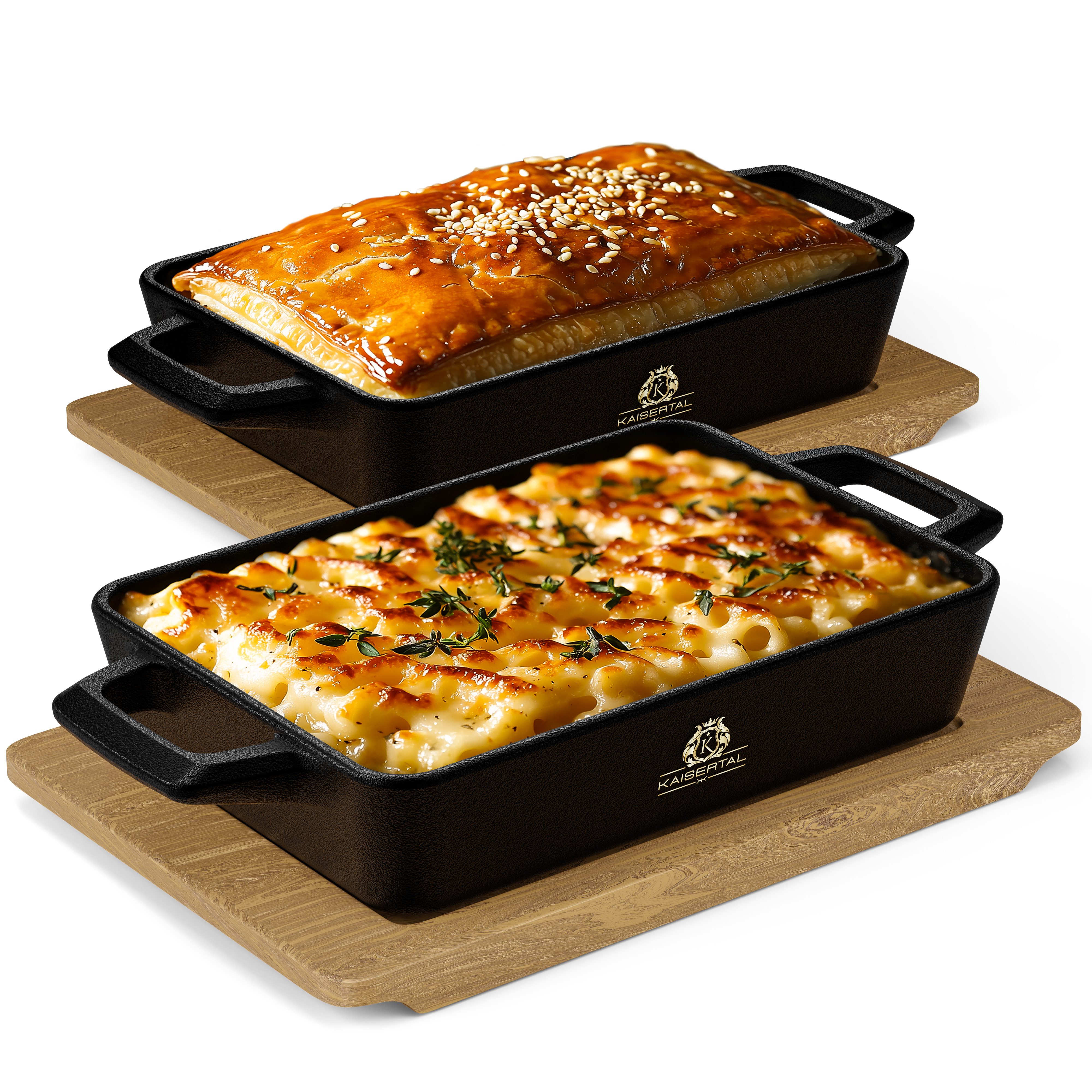 Kaisertal Servierpfanne KAISERTAL Gusseisen Servierpfanne mit Holzbrett 16x11 cm, Gusseisen, Für Induktion, Backofen uvm.