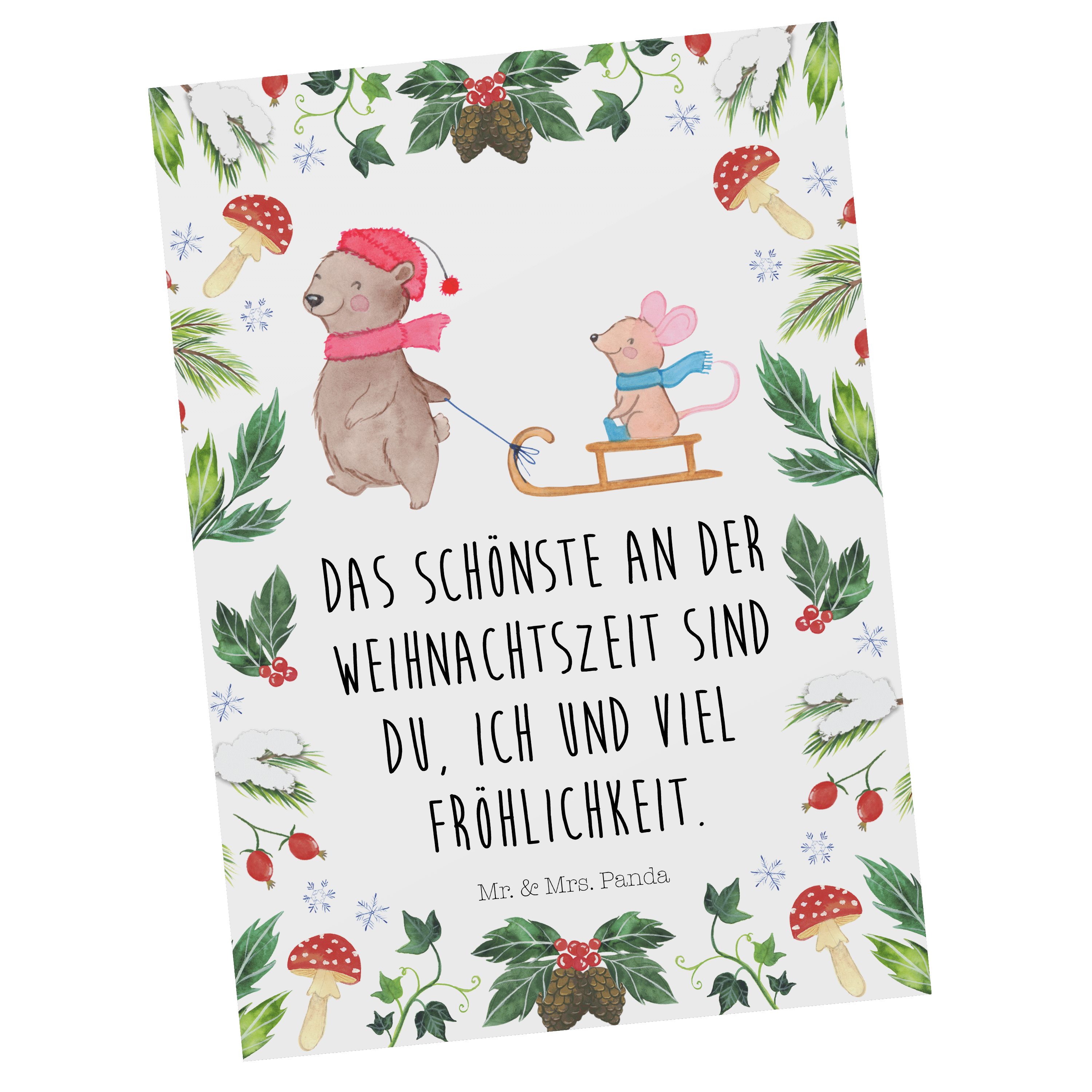Mr. & Mrs. Panda Postkarte Bär Maus Schlitten - Weiß - Geschenk, Dankeskarte, Ansichtskarte, Win