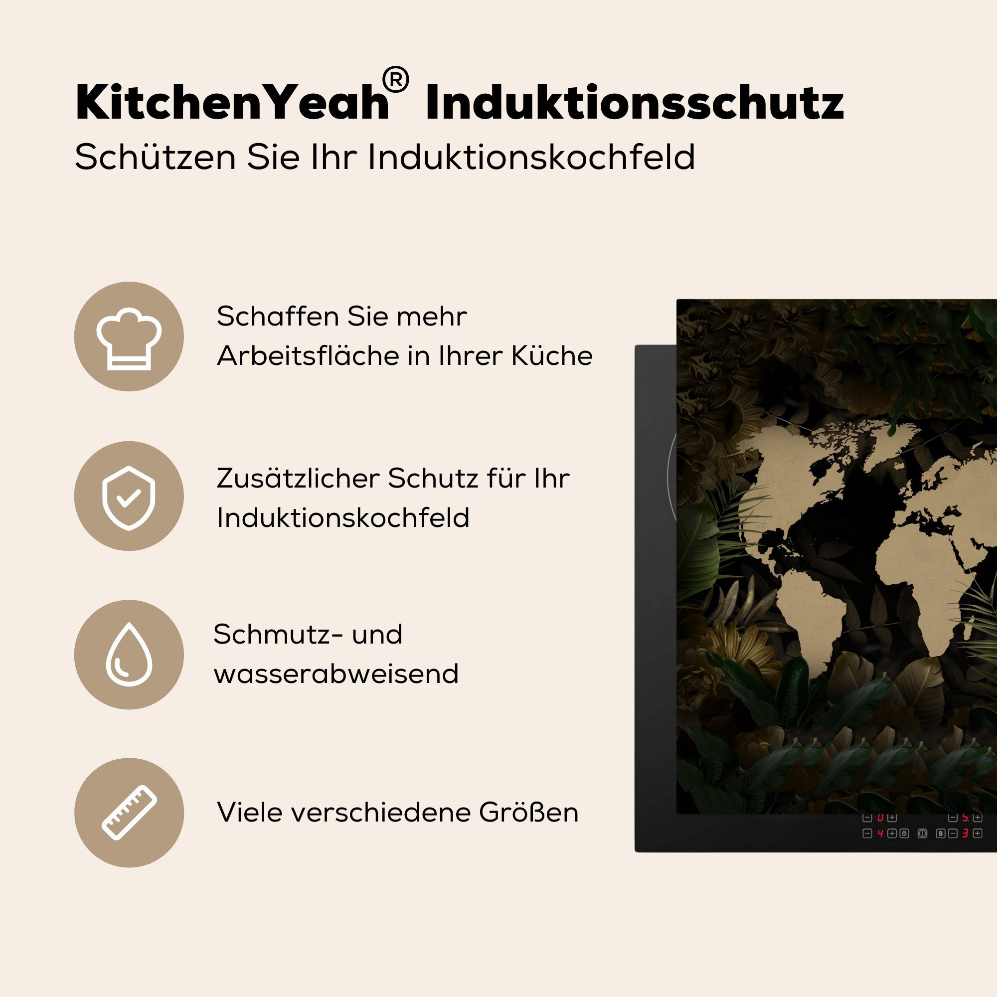 MuchoWow Herdblende-/Abdeckplatte Weltkarte - (1 küche Beige, für tlg), Blätter 78x78 - Ceranfeldabdeckung, Arbeitsplatte Vinyl, cm