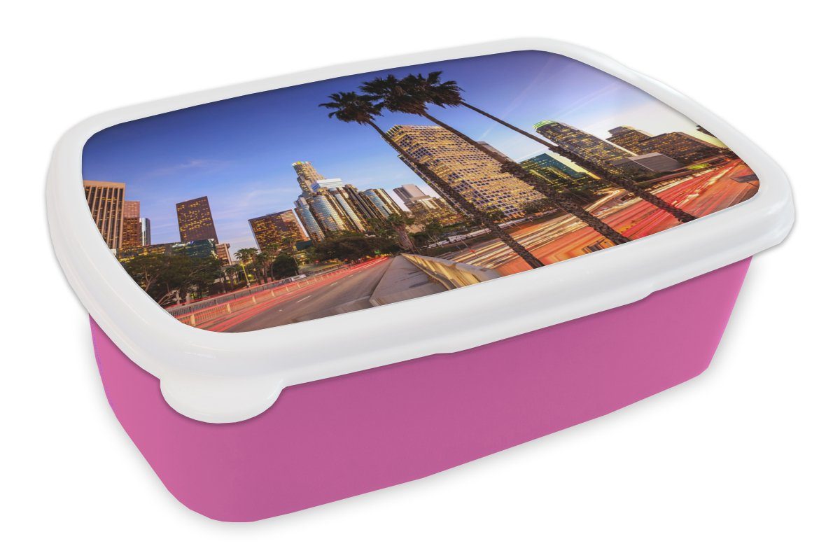 MuchoWow Lunchbox Stadt - Palme, Kunststoff, (2-tlg), Brotbox für Erwachsene, Brotdose Kinder, Snackbox, Mädchen, Kunststoff rosa