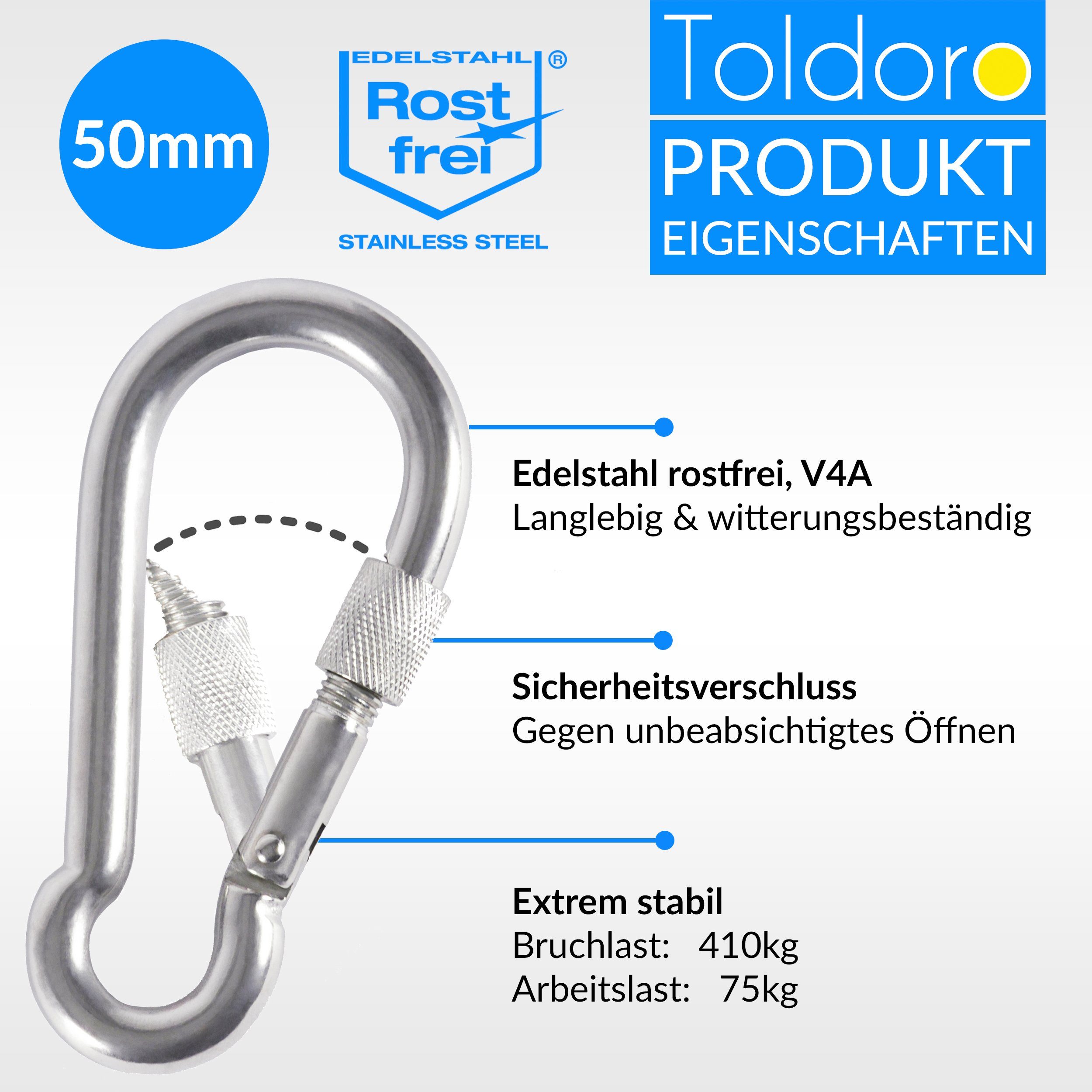 Sicherheitsverschluss, rostfrei, Karabinerhaken mit 50mm Karabiner 10x Edelstahl 50mm Karabiner (10 St), Edelstahl Toldoro Karabinerhaken 10x rostfrei Sicherheitsverschluss, Karabiner mit