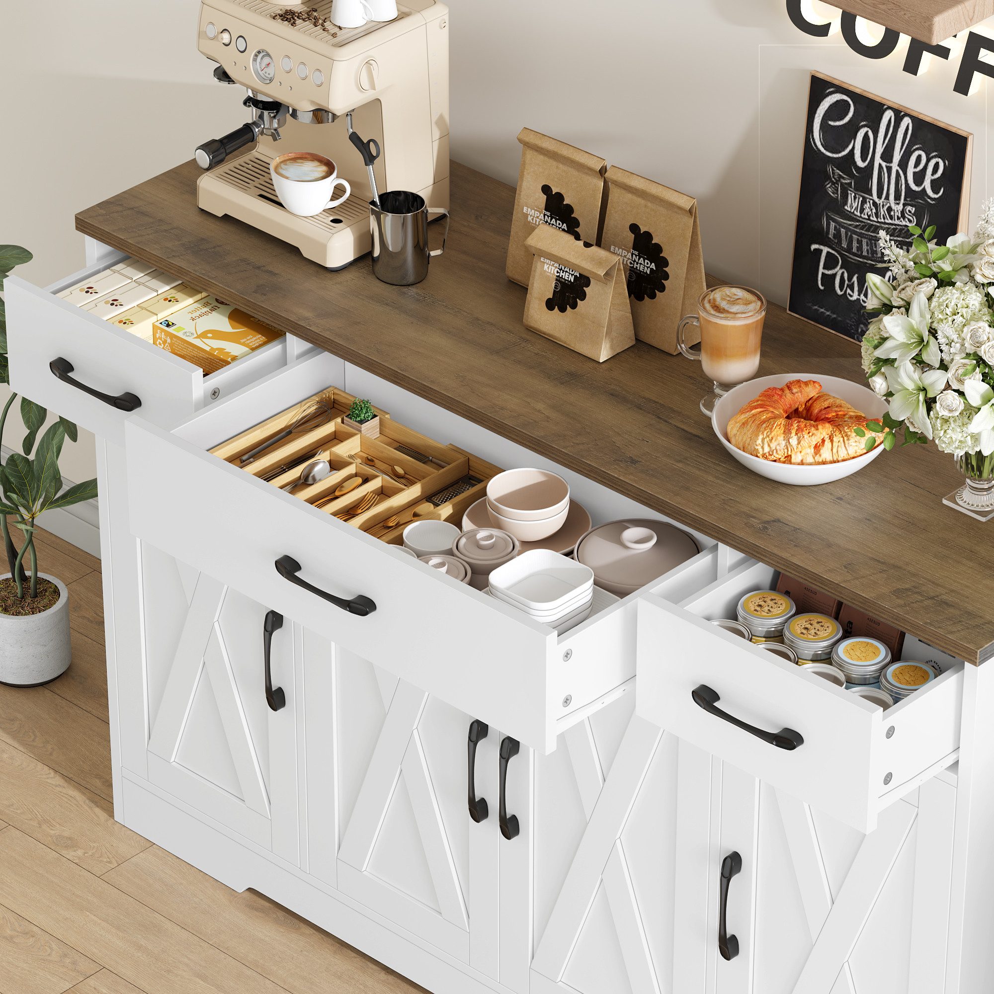 HOMECHO Sideboard, 140cm Breite Küchenschrank 3 Schubladen 4 Türen, Verstellbaren Regalen