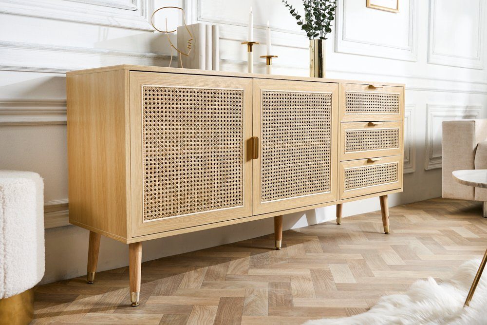 riess-ambiente Sideboard VIENNA 154cm natur - Rattan, Wiener Geflecht, Drei Schubladen, Retro (Einzelartikel, 1 St), Charmante Kommode im Boho-Stil - ideal für Wohn- und Schlafzimmer