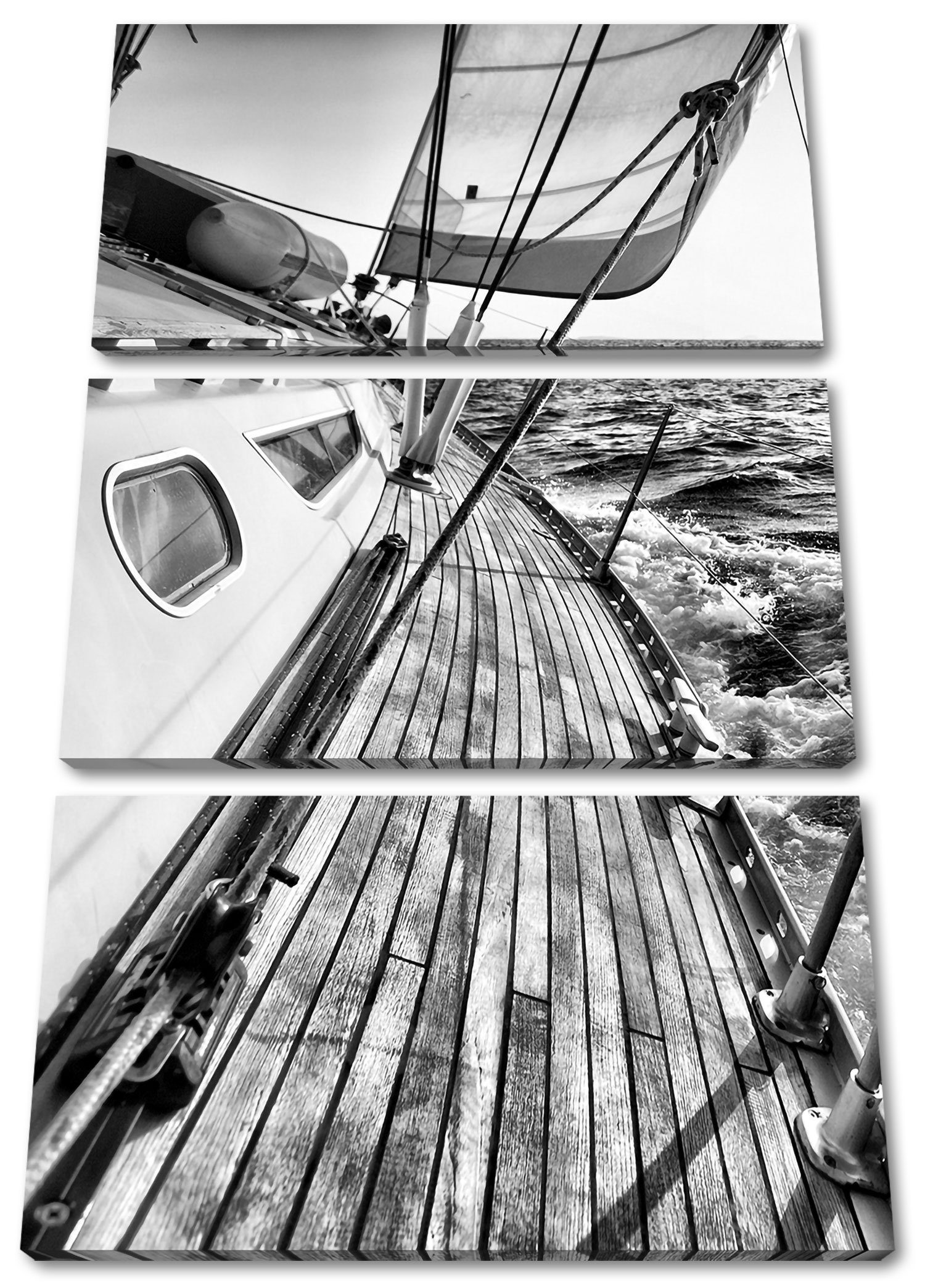 Meer fertig Leinwandbild (120x80cm) Segelboot Pixxprint Segelboot 3Teiler (1 bespannt, St), Meer, Zackenaufhänger im Leinwandbild inkl. im