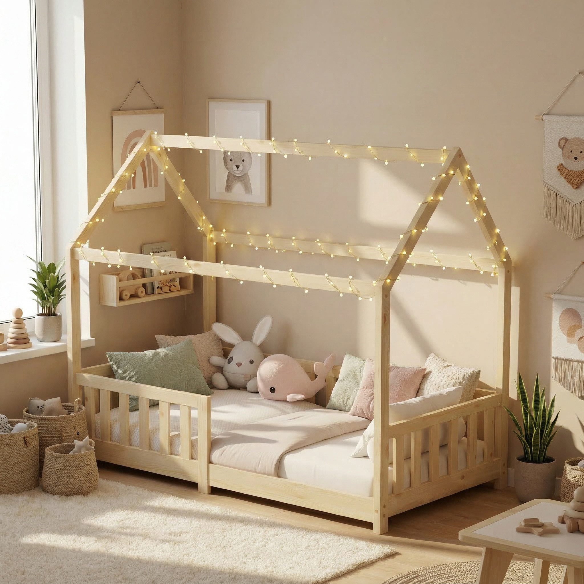 ecoMI Kinderbett Hausbett, Rausfallschutz, Lattenrost, 90x200 & 80x160, Weiß & Natur, Hausbett, Rausfallschutz, Lattenrost, 90x200 & 80x160, Weiß & Natur
