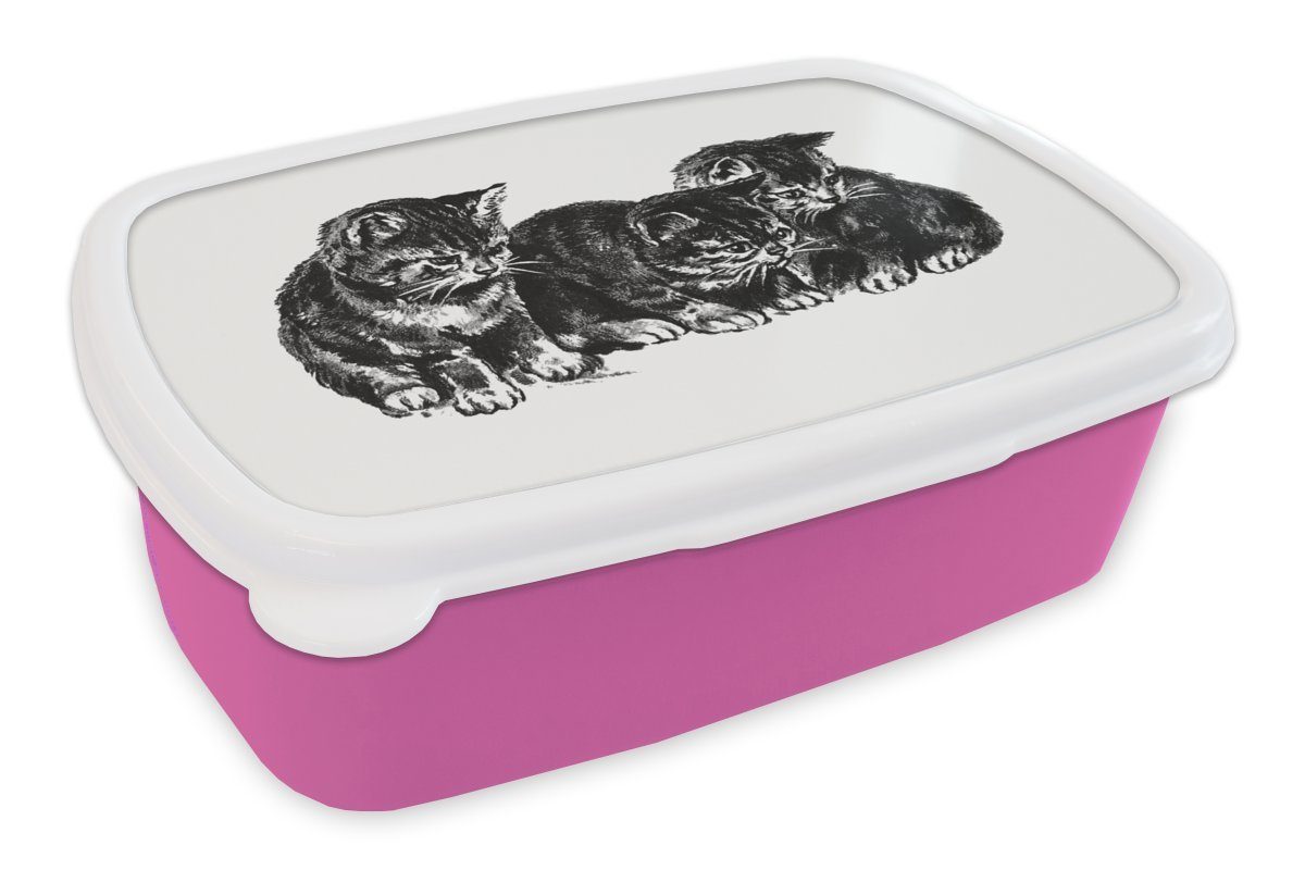 MuchoWow Lunchbox Retro - Katze - Tiere, Kunststoff, (2-tlg), Brotbox für Erwachsene, Brotdose Kinder, Snackbox, Mädchen, Kunststoff rosa