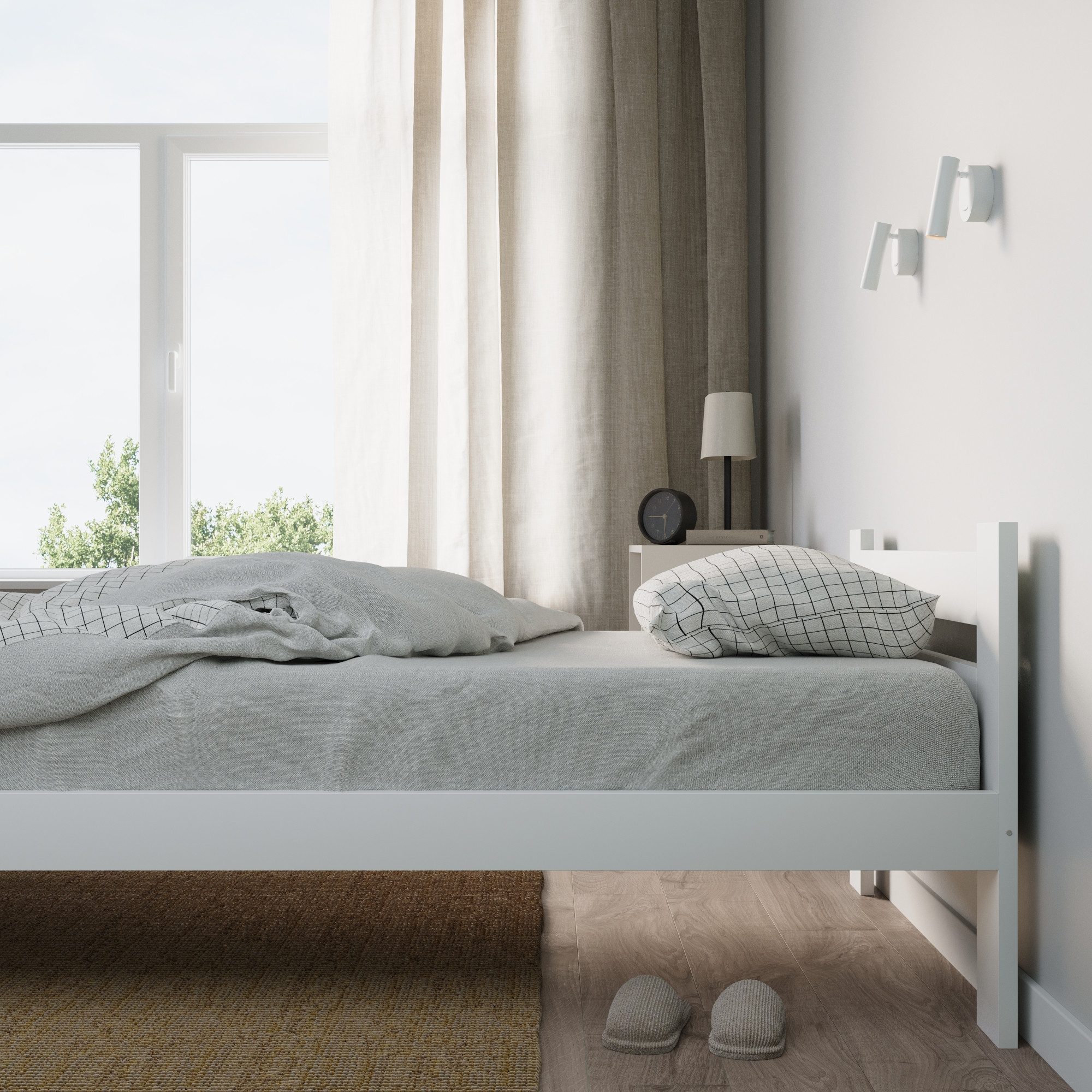 Home Collective Holzbett mit Lattenrost Modern Bett Kiefer Bettgestell Massivholzbett Klassisch (90x200, 120x200, 140x200, 160x200 cm), Einzelbett, Skandi Boho Landhaus Kopfteil mittel 90x200 cm weiß