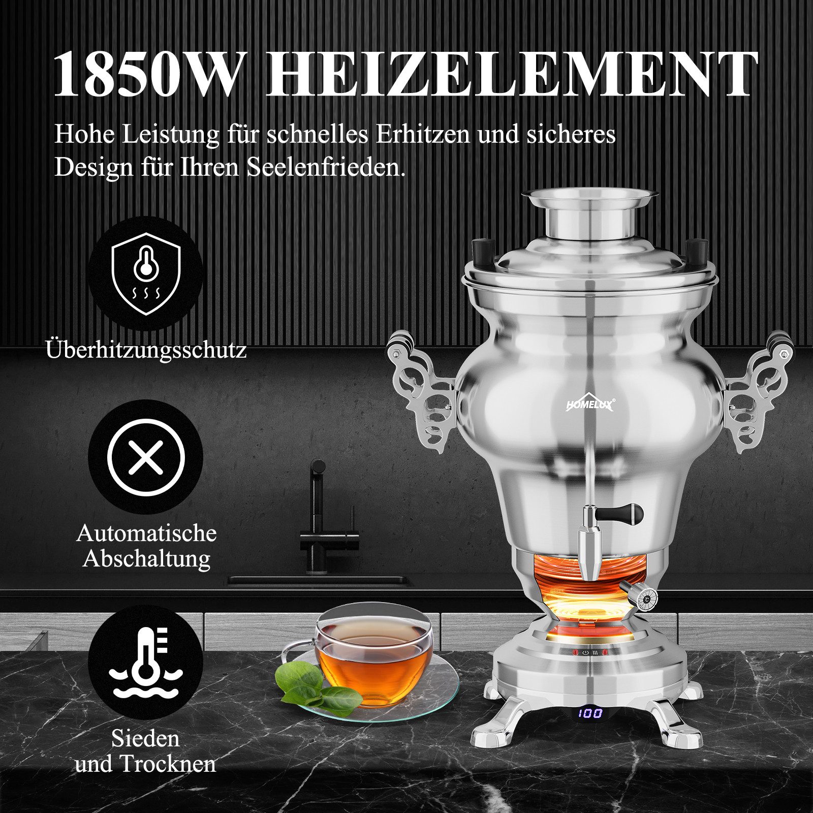 HOMELUX Samowar Teekocher Edelstahl Teeautomat 2in1 Teemaschine mit Teekanne, 5 l, 1850 W