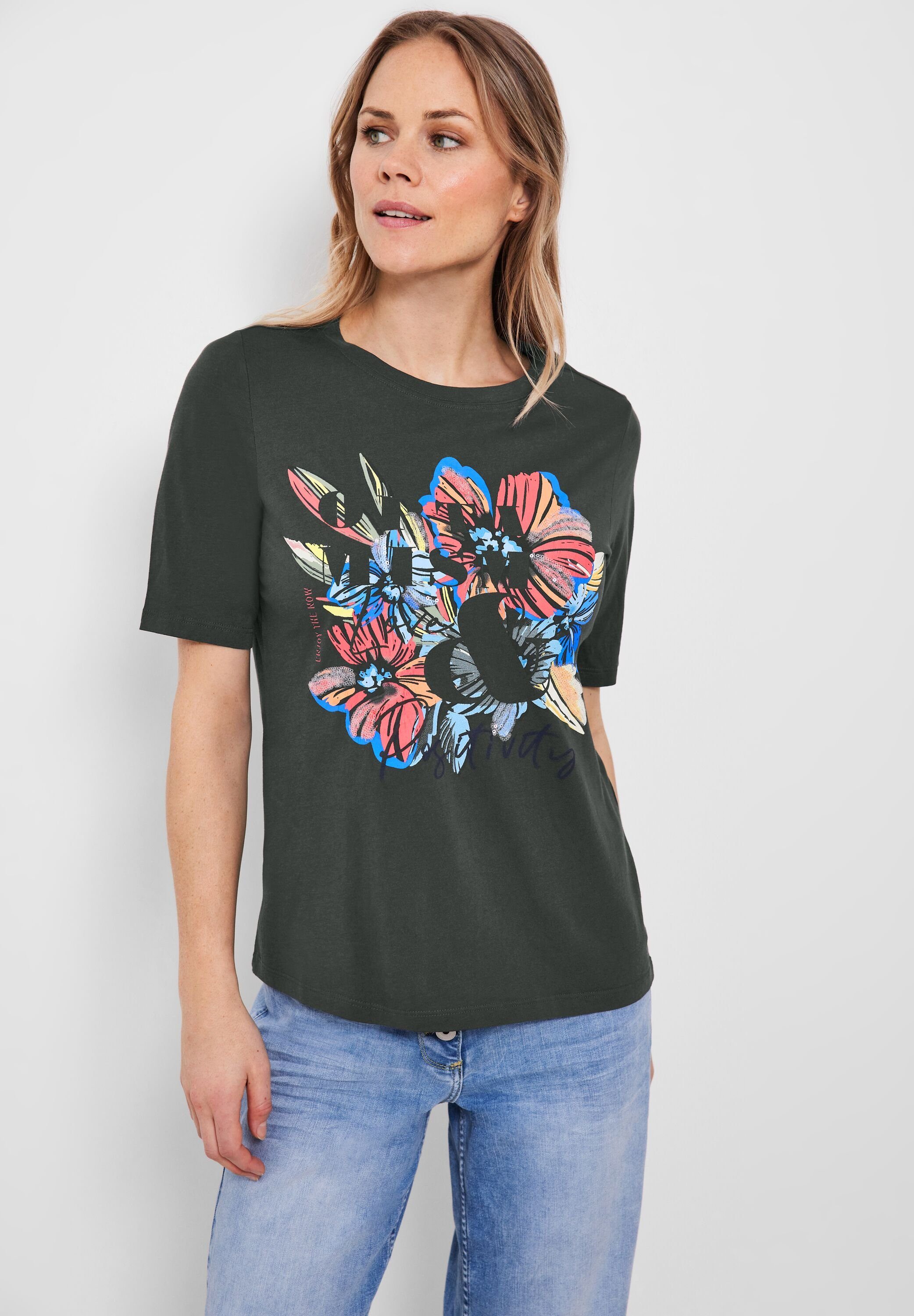 Cecil T-Shirt Cecil T-Shirt mit Blumen Fotoprint in Easy Khaki (1-tlg) Nicht Vorhanden