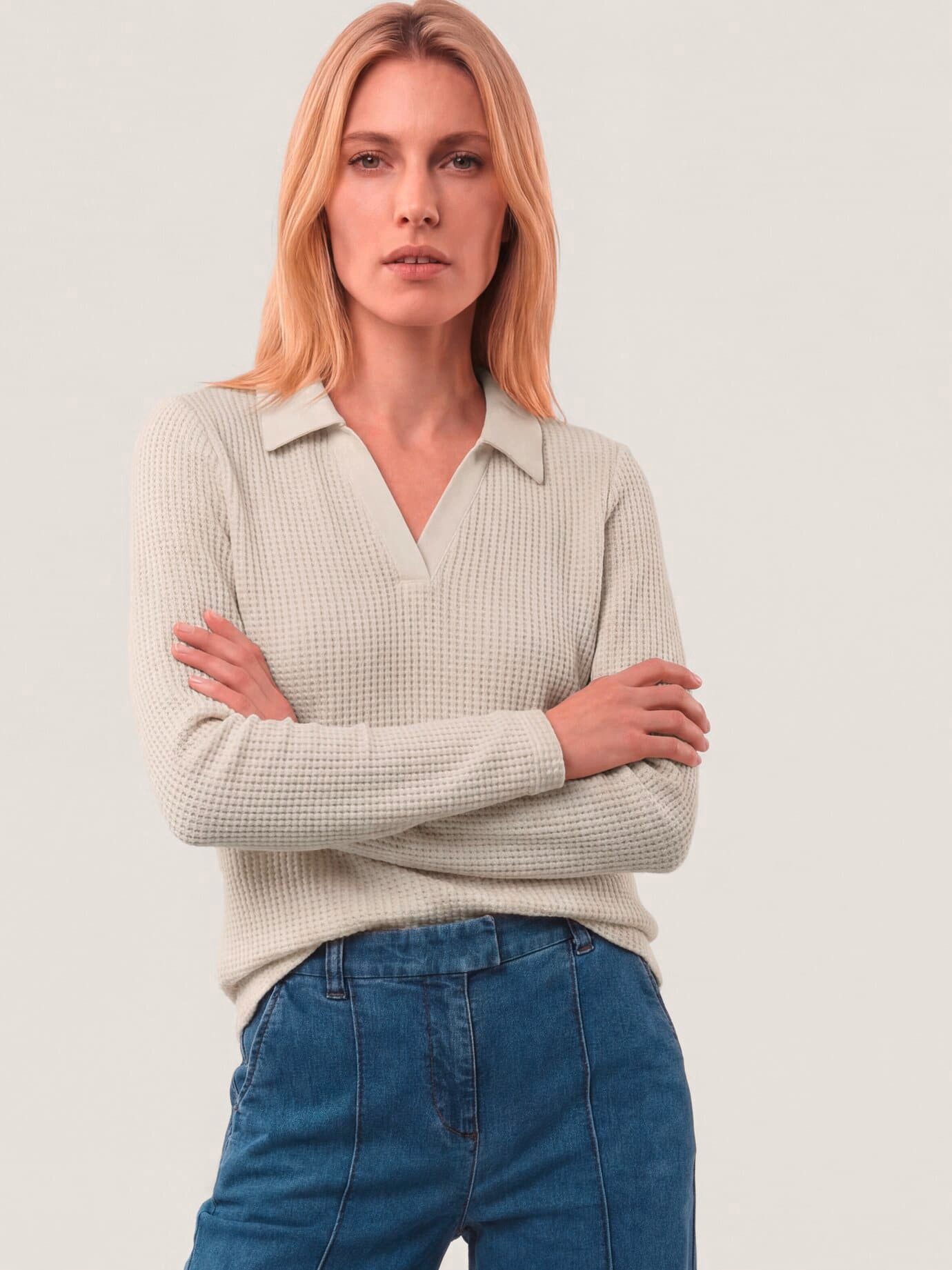 Walbusch Poloshirt Damen Poloshirt in Strickoptik Polokragen Langarm, modisch, pflegeleicht
