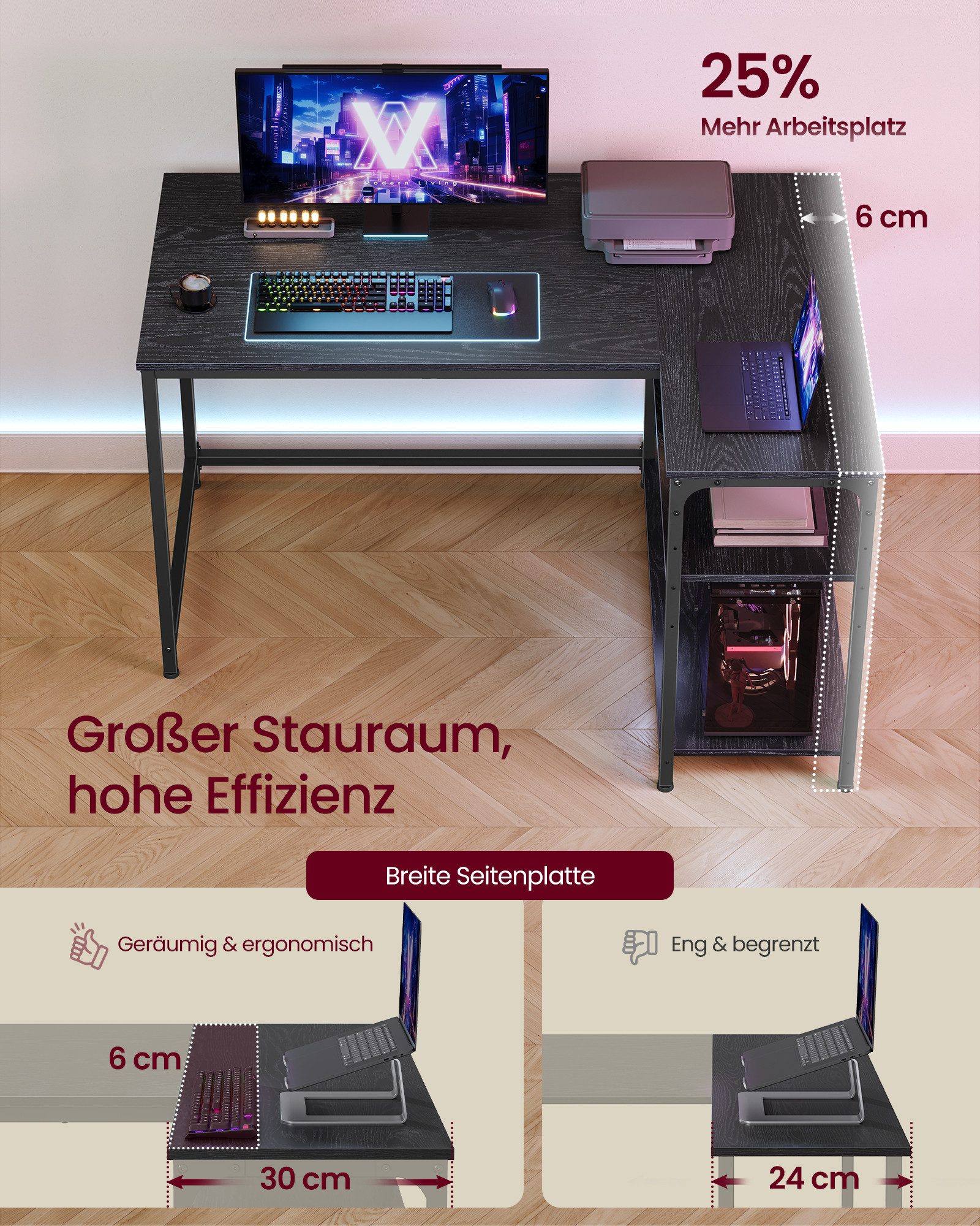 VASAGLE Schreibtisch Eckschreibtisch in L-Form, Computertisch mit Stauraum, Bürotisch, höhenverstellbare Ablage, für Homeoffice, 110/120 cm