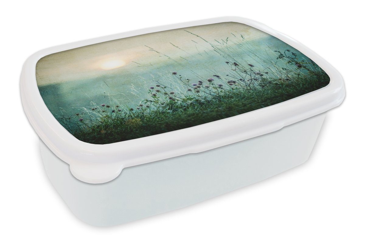MuchoWow Lunchbox Natur - Vintage - Blumen - Sonne, Kunststoff, (2-tlg), Brotbox für Kinder und Erwachsene, Brotdose, für Jungs und Mädchen weiß