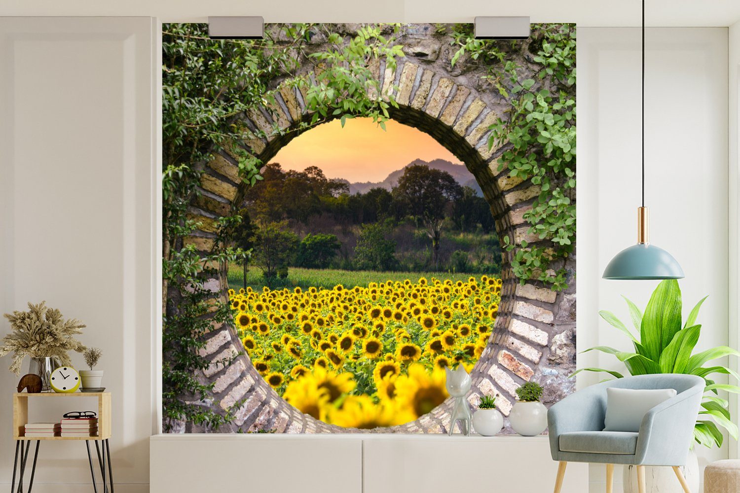 Wandtapete Fototapete für Vinyl oder Schlafzimmer, (5 Wohnzimmer bedruckt, Matt, - Sonnenblume, MuchoWow Blumen - Tapete Durchschauen St),