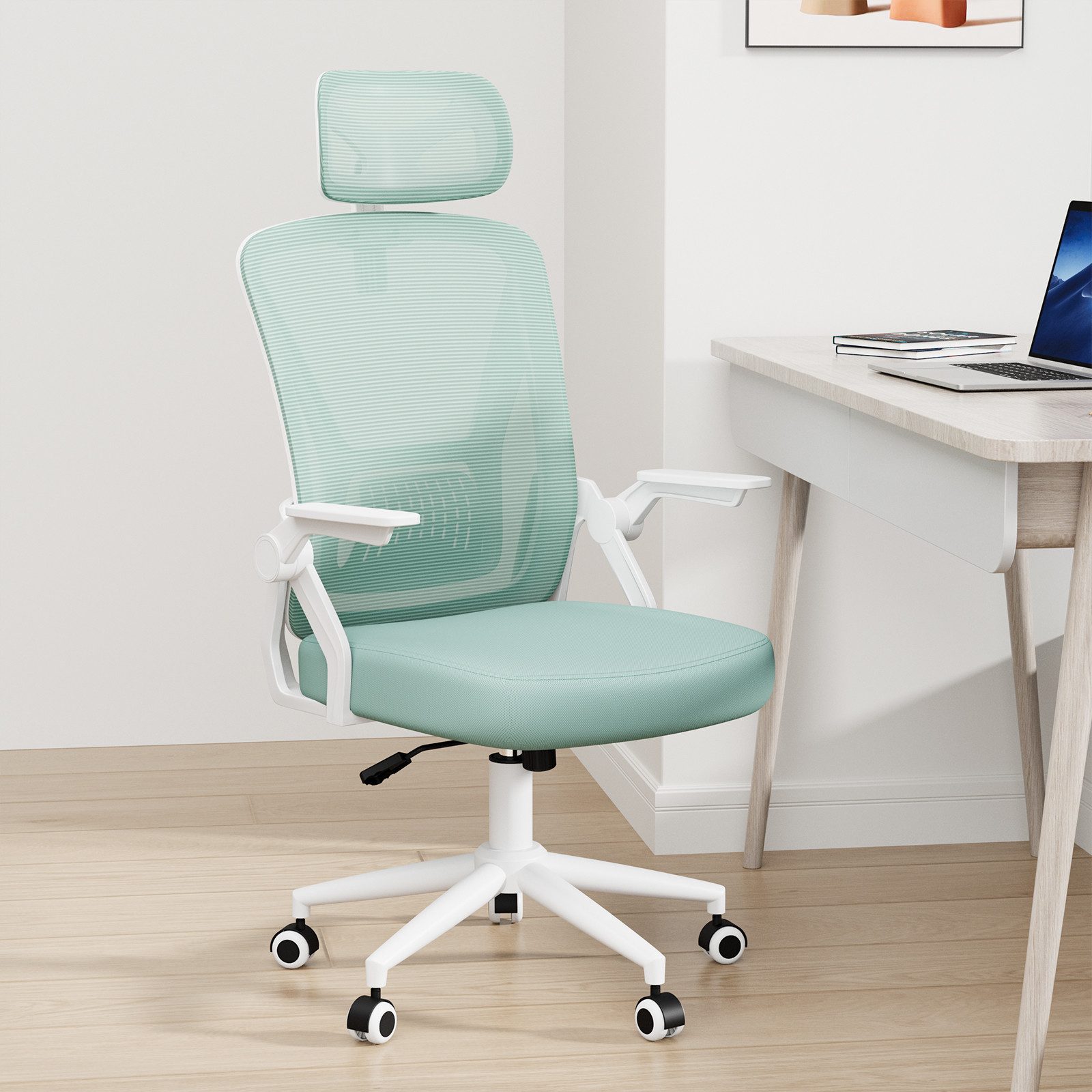 ZAISZE Bürostuhl Ergonomisch Schreibtischstuhl Höhenverstellbar mit Wippfunktion (90° hochklappbaren Armlehnen, ergonomischer Schreibtischstuhl mit Lendenstütze und Kopfstütze, atmungsaktive Netzbespannung, um 360° drehbarer Stuhl)