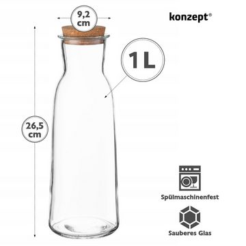 KONZEPT Wasserkaraffe Glaskaraffe mit Korkdeckel, 1 Liter, (Karaffe ideal für Wasser, 1-tlg., Saft, Limonade), Spülmaschinengeeignet