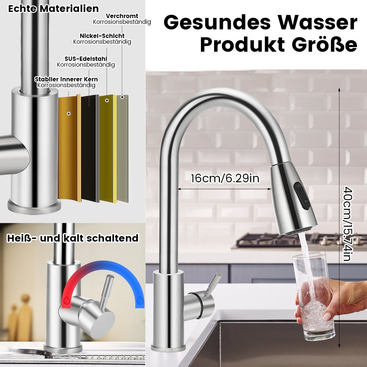 RULIA RB1066 Küchenarmatur Aus Chrom & Edelstahl – Ausziehbare Spültischarmatur Mit 2 Strahlarten & 360° Schwenkbarem Auslauf